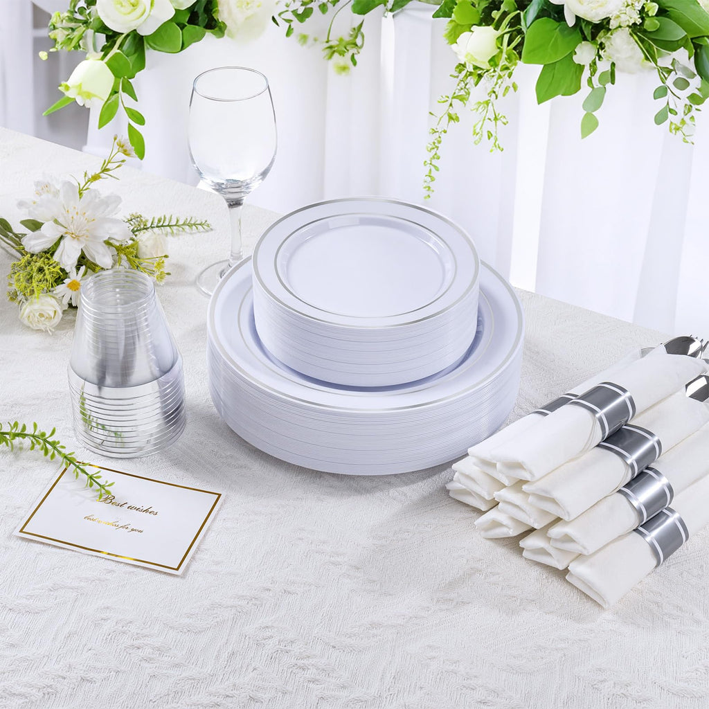 DaYammi 350PCS Gold Plastic Dinnerware Set for 50 Guests, Fancy Disposable Plates for Party, Include: 50 Dinner Plates, 50 Dessert Plates, 50 Pre Rolled Napkins with Gold Silverware, 50 Cups