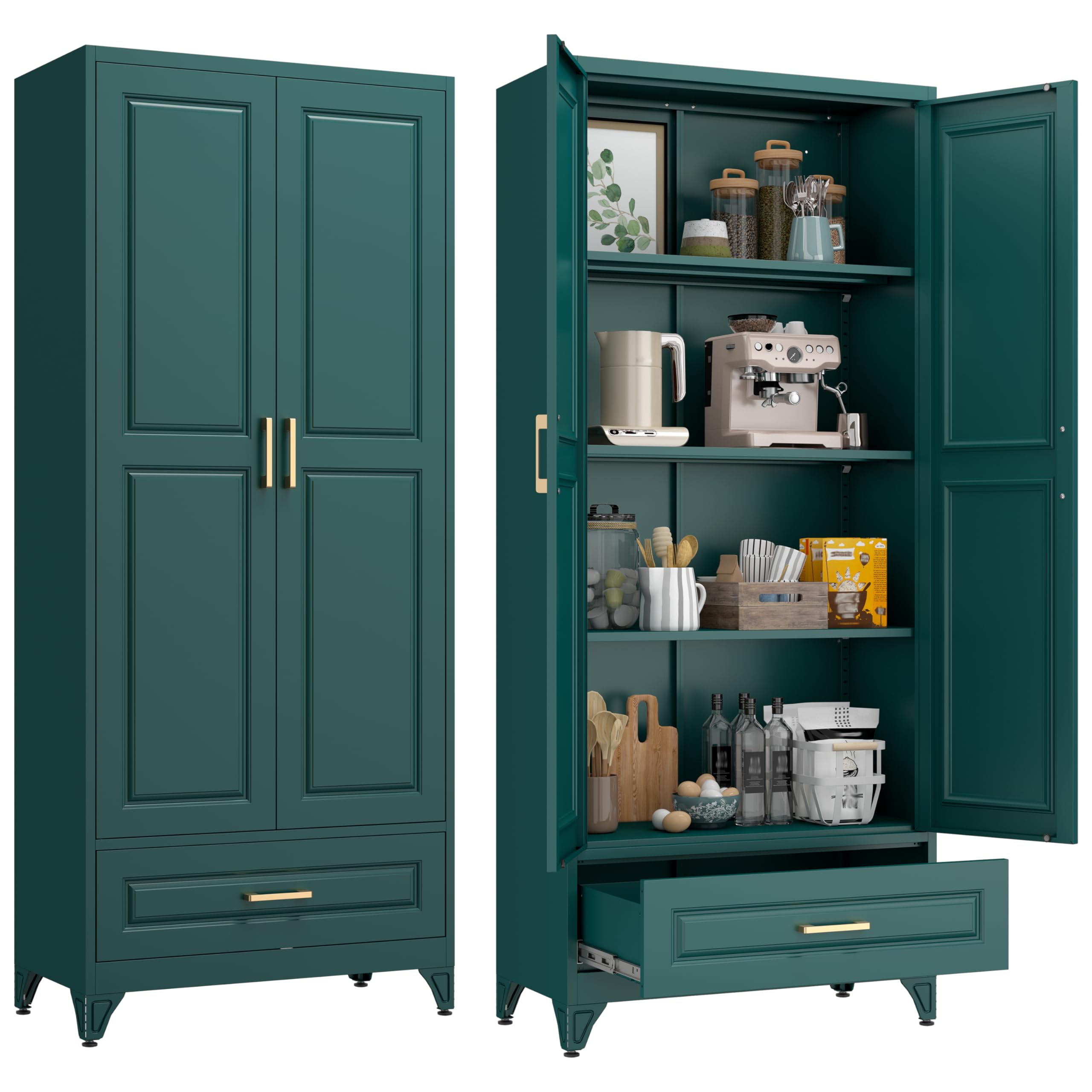 75" Tall Metal Kitchen Storage Cabinet,White Kitchen Pantry Storage Cabinet with Doors and 4 Adjustable Shelves,Utility Cabinet for Living Room,Garage,Dining Room and Office,Assemble Required