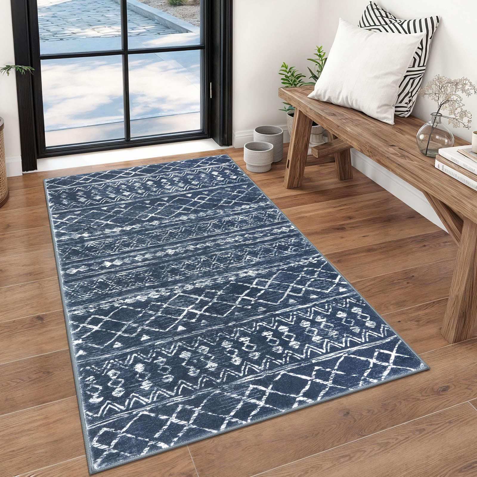 KUTA Washable Non-Slip Rugs for Entryway 2x3, Grey Moroccan Boho Small Area Rug, Ultra Soft Vintage Geometric Low-Pile Indoor Door Mat Floor Carpet for Indoor, Entrance, Kitchen, Bathroom, Bedroom