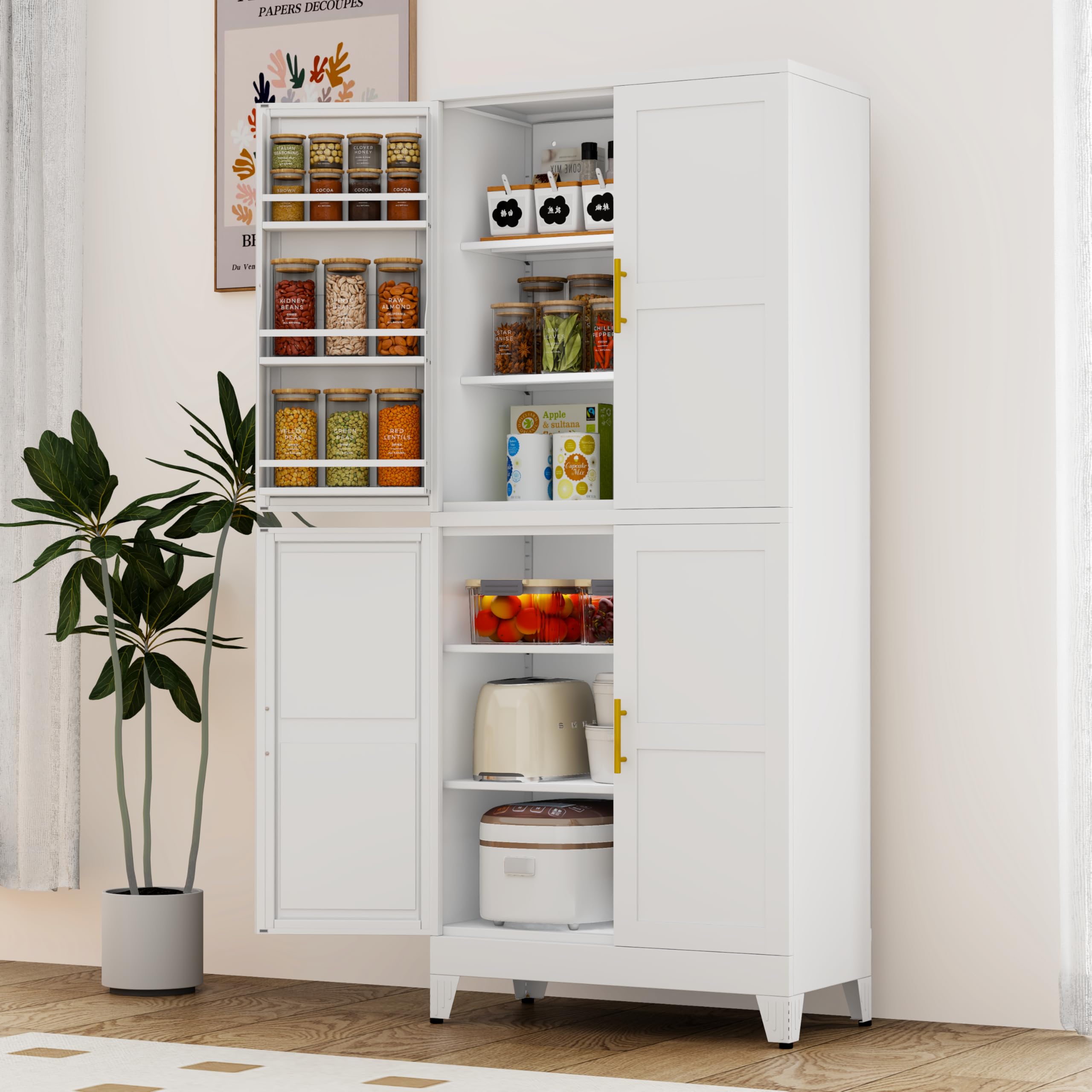 GAIOUS Metal Pantry Cabinet, Kitchen Pantry Storage Cabinets with 2 Door and 3 Adjustable Shelves, White Kitchen Pantry Cabinet, Freestanding Cupboard for Dining Room Living Room Bathroom