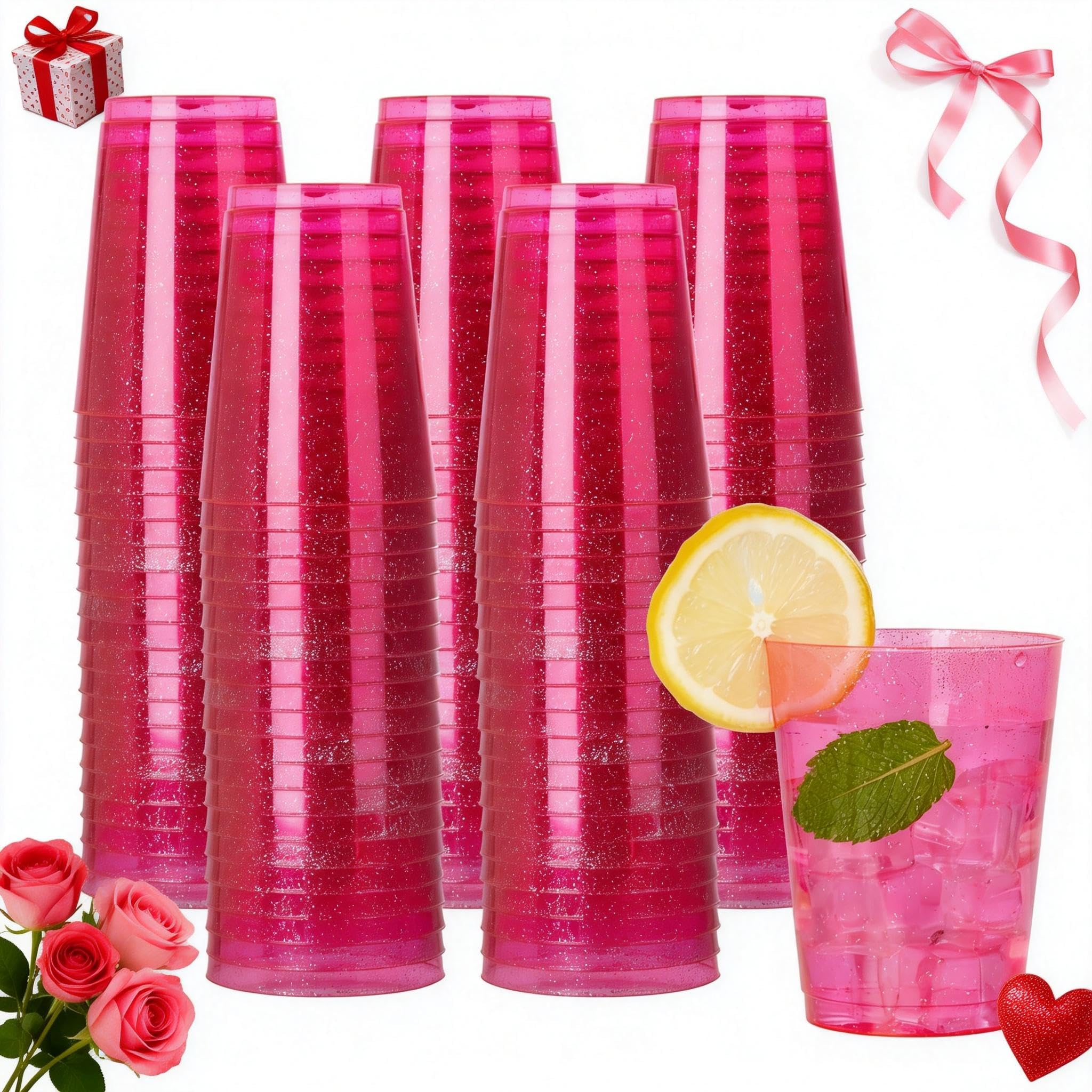 DaYammi 100 Pack 10oz Pink Plastic Cups for Party Premium Glitter Disposable Plastic Cup for Martini and Cocktail, Hard Pink Disposable Cups for Wedding,pink cups for Mother's Day Party