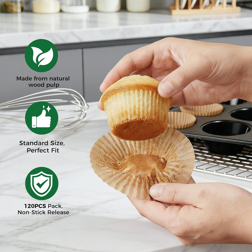 HONGBAKE Muffin Pans with 120 Liners, Cupcake Tins Nonstick 12, Premium Baking Tray, Standard Size, 2 Pack, Dark Grey