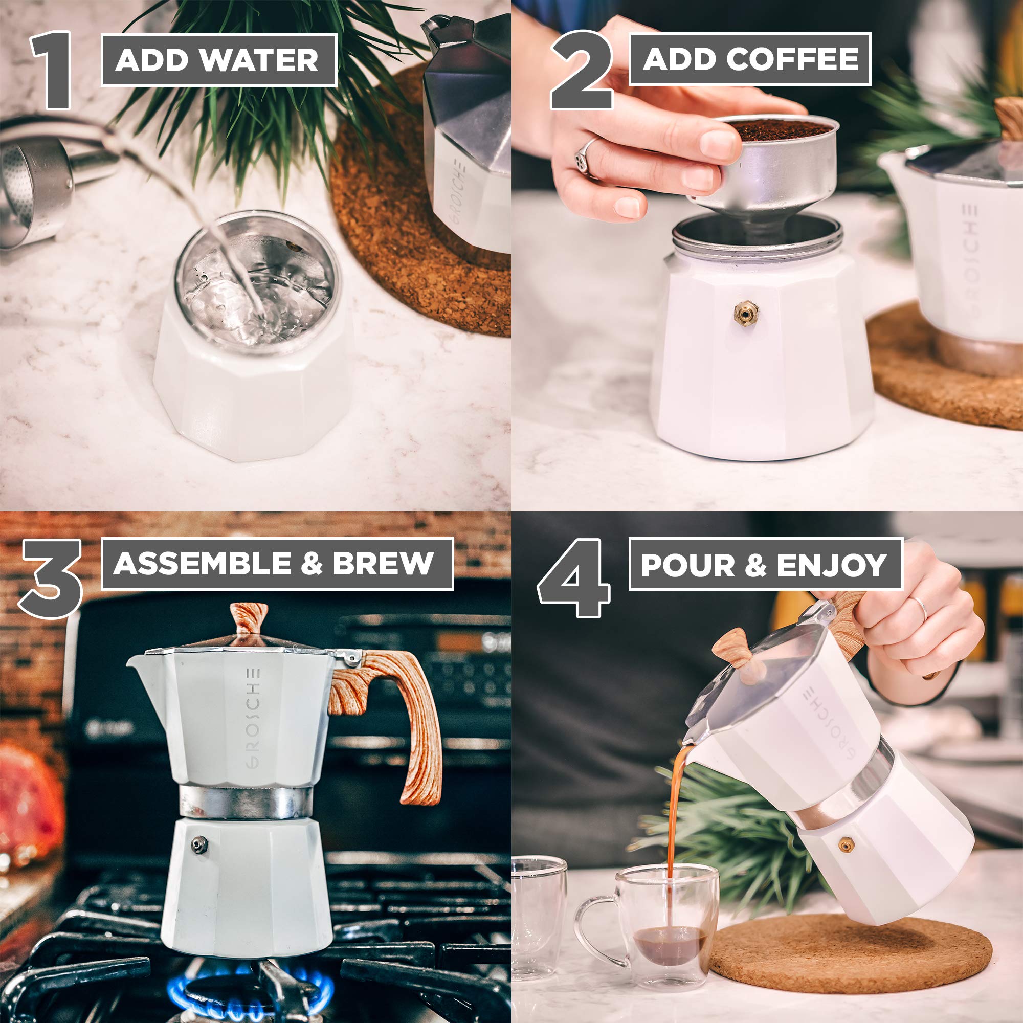 GROSCHE Milano Moka pot, Stovetop Espresso maker, Greca Coffee Maker, Stovetop coffee maker and espresso maker percolator (Grey, 6 cup)