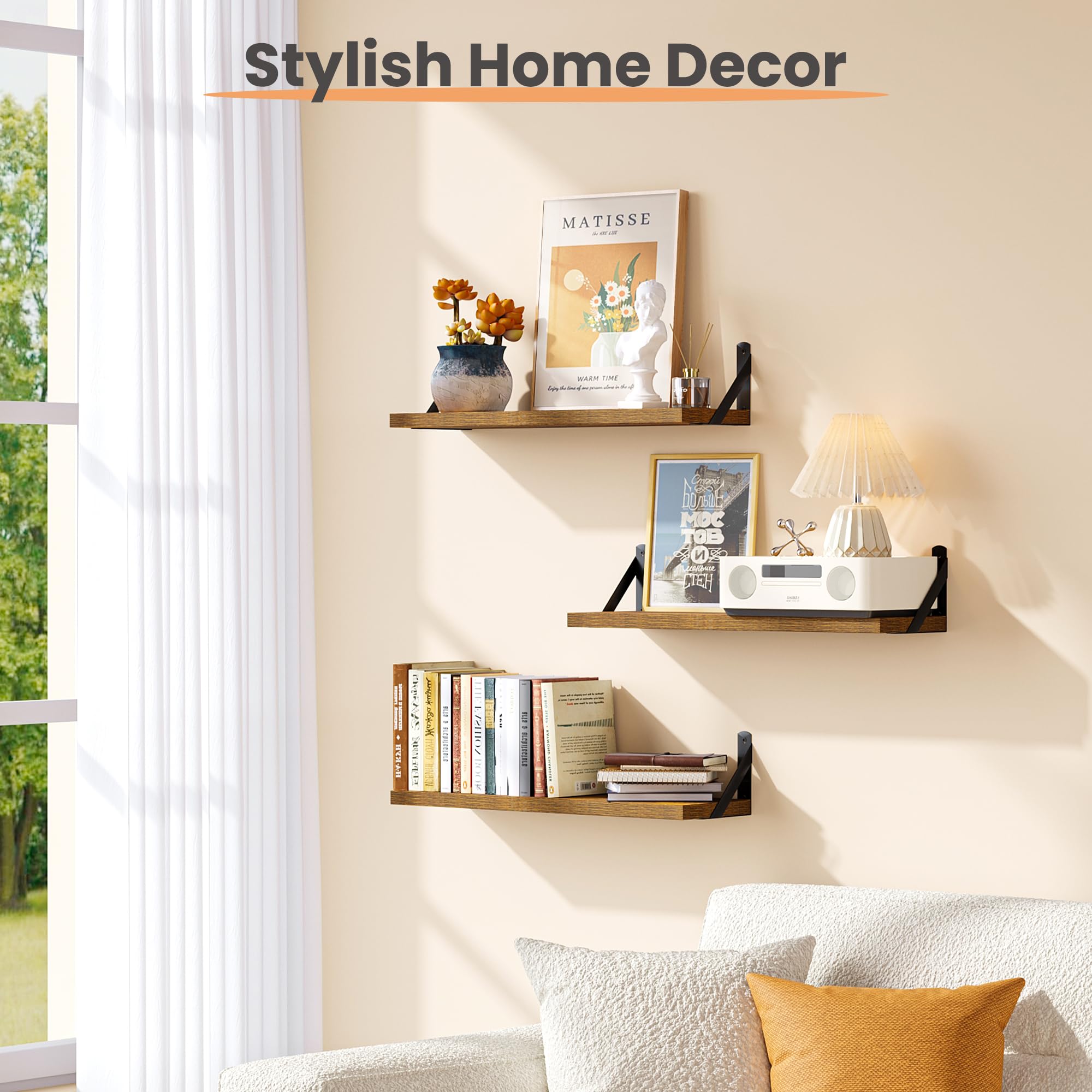 upsimples Floating Book Shelves for Wall, 15.7 Inches Wood Shelves for Living Room, Bathroom, Bedroom, Kitchen Storage and Decoration, White