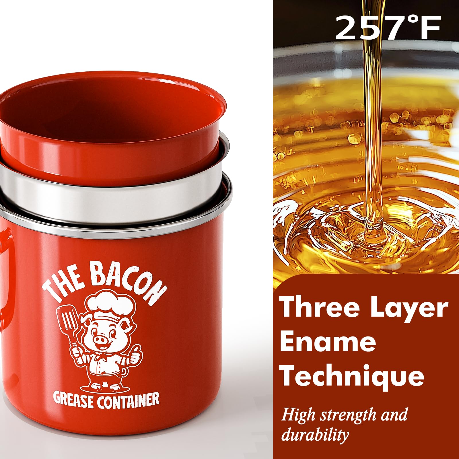 PGYARD Mini Bacon Grease Saver With Strainer - 15OZ Enamel Grease Container, Farmhouse Bacon Grease Keeper For Kitchen Fat Storage, Dishwasher Safe-Red