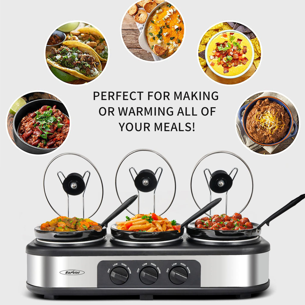 SUNVIVI Triple Slow Cooker, Buffet Food Warmer with 3 x 1.5 QT Removable Ceramic Pots, Buffet Servers and Warmers with Glass Lids and 3 Spoons, Stainless Steel, Blue