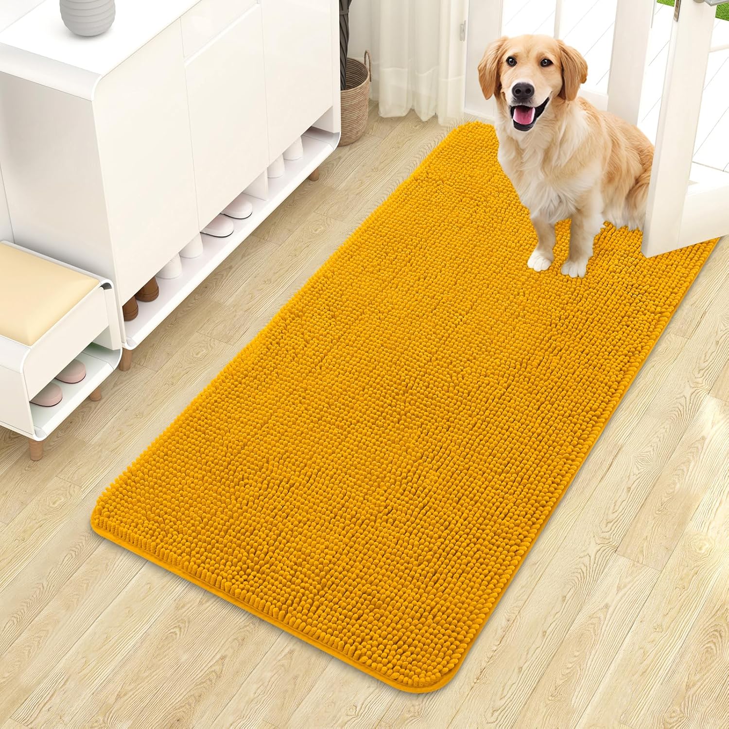 OLANLY Dog Door Mat for Muddy Paws 70x24, Absorbs Moisture and Dirt, Absorbent Non-Slip Washable Doormat, Quick Dry Chenille Mud Mat for Dogs, Entry Indoor Entryway Carpet for Inside Floor, Beige