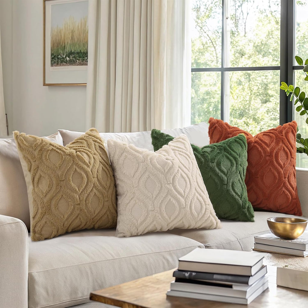 decorUhome Cozy Textured Throw Pillow Covers 18x18 Inch Set of 2, Soft Plush Faux Wool Beige Accent Couch Pillow Covers for Modern Farmhouse Sofa Bed Living Room