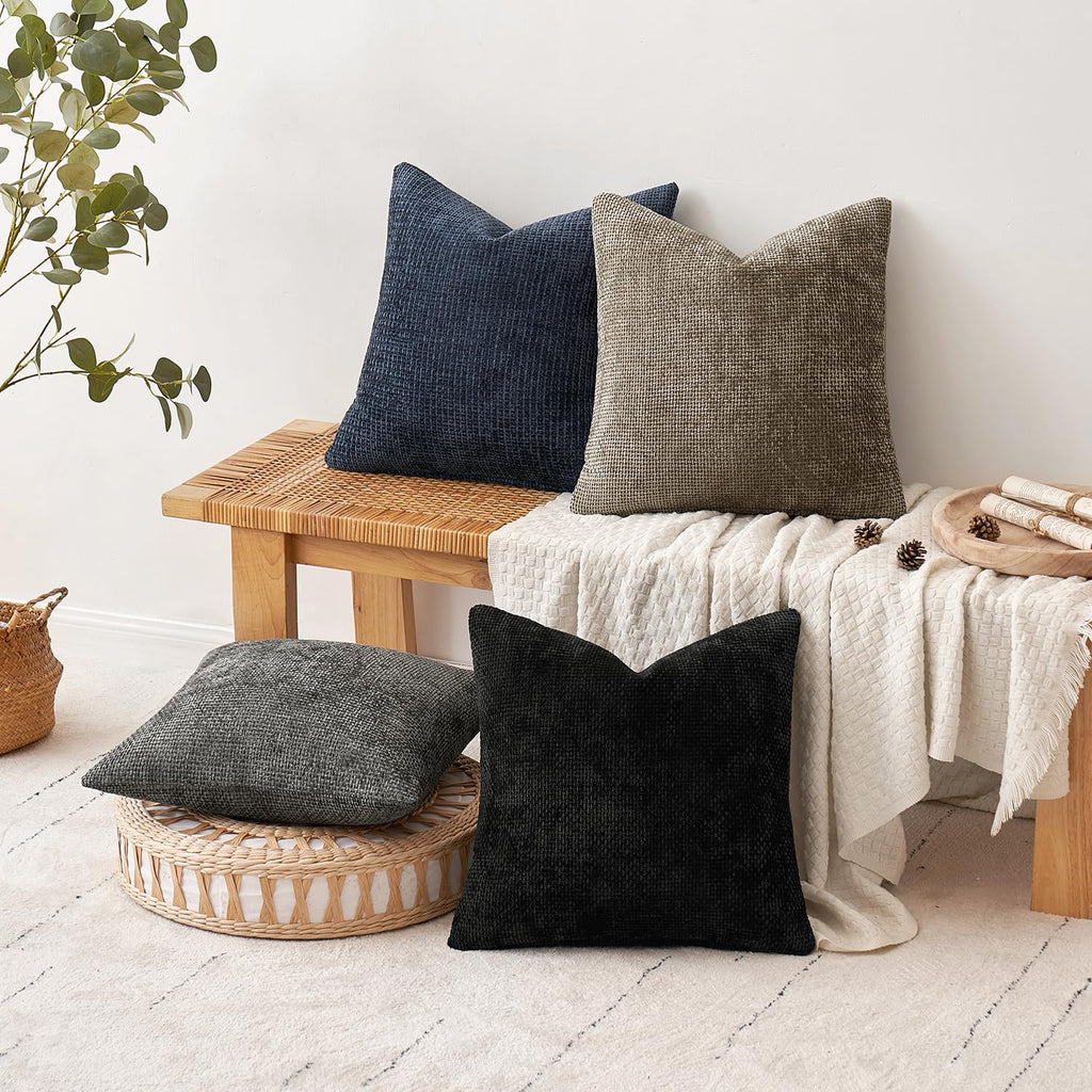 MIULEE Pack of 4 Couch Throw Pillow Covers 18x18 Inch Neutral Blue Soft Decorative Chenille Pillow Covers Farmhouse Accent Cushion Covers for Boho Western Spring Coastal Decor Sofa Bed Living Room