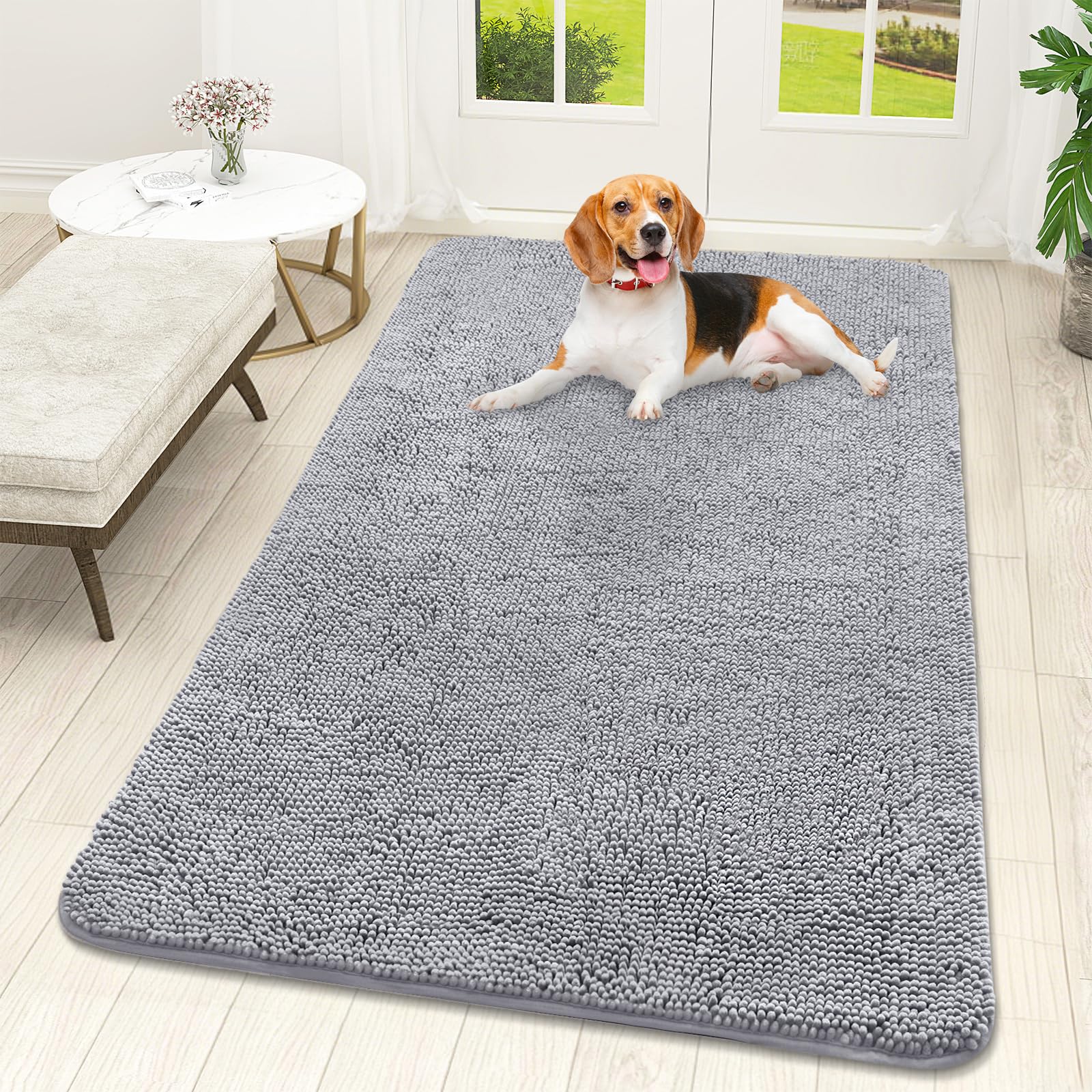 OLANLY Dog Door Mat for Muddy Paws 30x20, Absorbs Moisture and Dirt, Absorbent Non-Slip Washable Doormat, Quick Dry Chenille Mud Mat for Dogs, Entry Indoor Entryway Carpet for Inside Floor, Grey