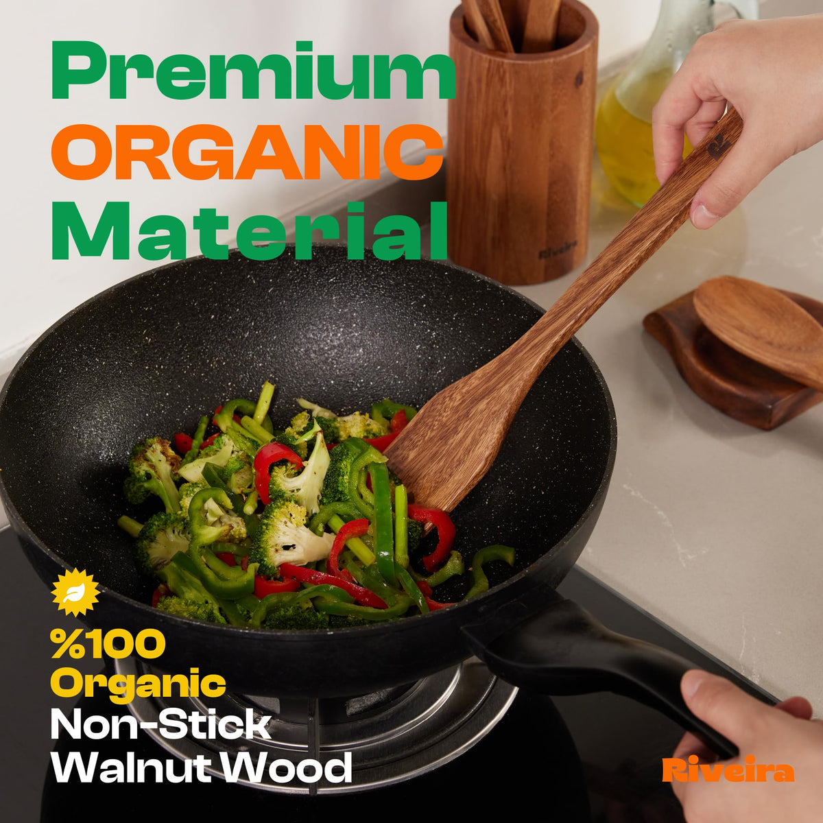 Riveira Dark Bamboo Wooden Spoons for Cooking 6-Piece, Apartment Essentials Wood Spatula Spoon Nonstick Kitchen Utensil Set Premium Quality Housewarming Gifts for Everyday Use
