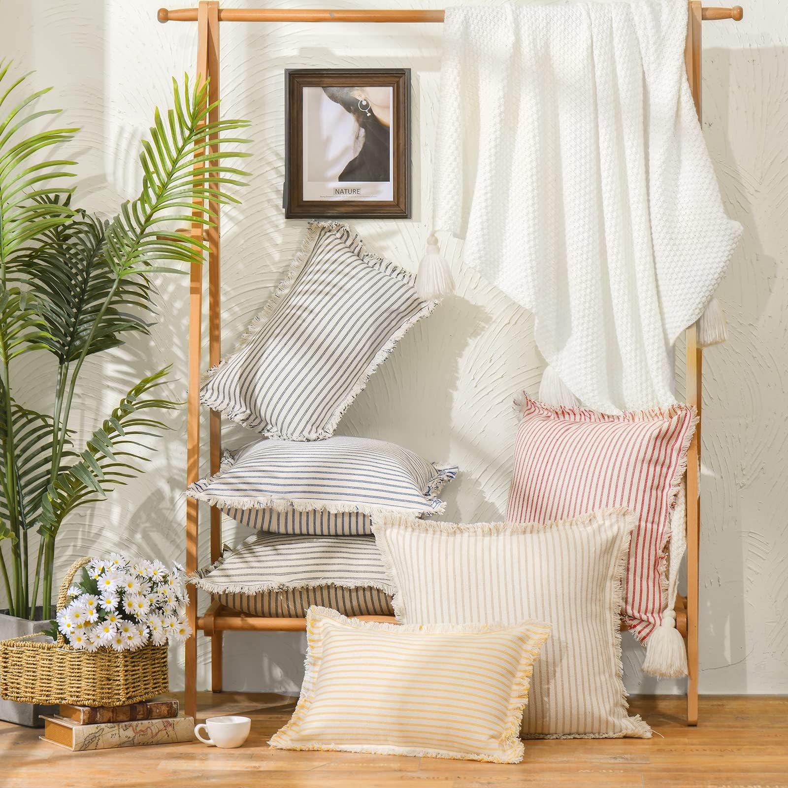 ZWJD Throw Pillow Covers 20x20 Set of 2 Striped Pillow Covers with Fringe Chic Cotton Decorative Pillows Square Cushion Covers for Sofa Couch Bed Living Room Farmhouse Decor, (Gray)