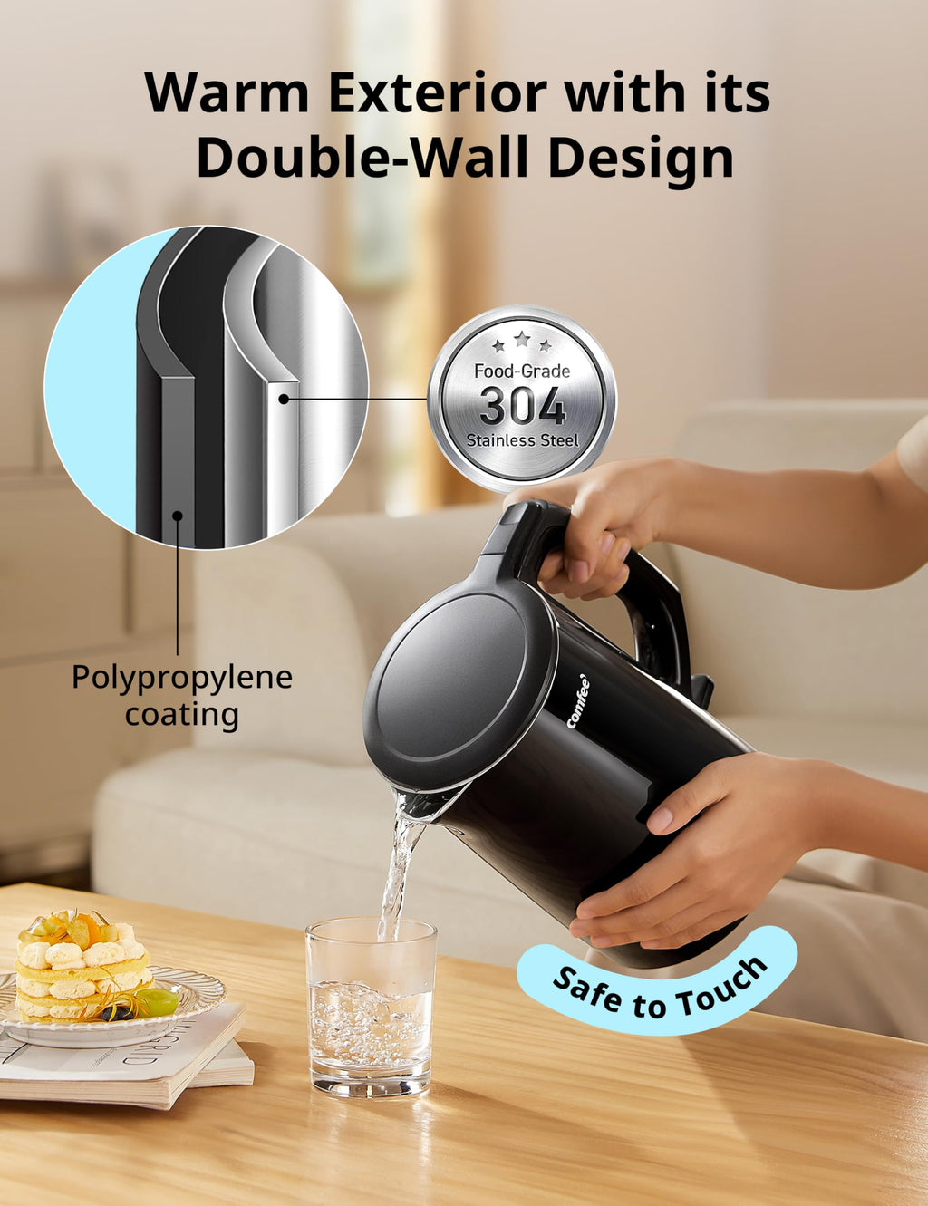 COMFEE' Stainless Steel Electric Kettle, 1.7 Liter Tea Kettle Electric & Hot Water Kettle, 1500W Fast Boil with LED Light, Auto Shut-Off and Boil-Dry Protection