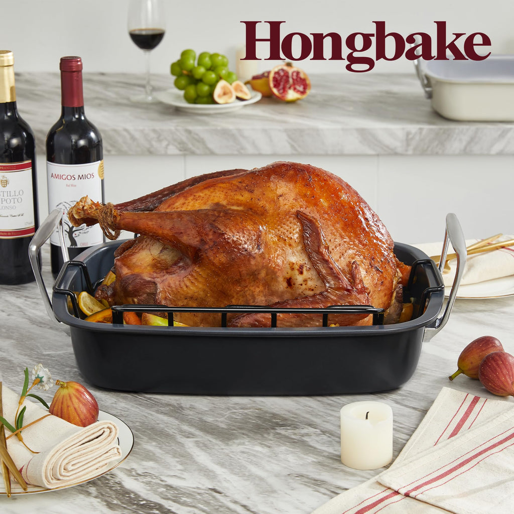 HONGBAKE Ceramic Coated Nonstick Large Turkey Roasting Pan with Rack (U-Shaped), 18.7×13.6 Inch Deep Roaster Pan for 25 lb Turkey & Chicken, Wider Handles, Non Toxic, PFOA & PTFE-Free, Cream & Gray
