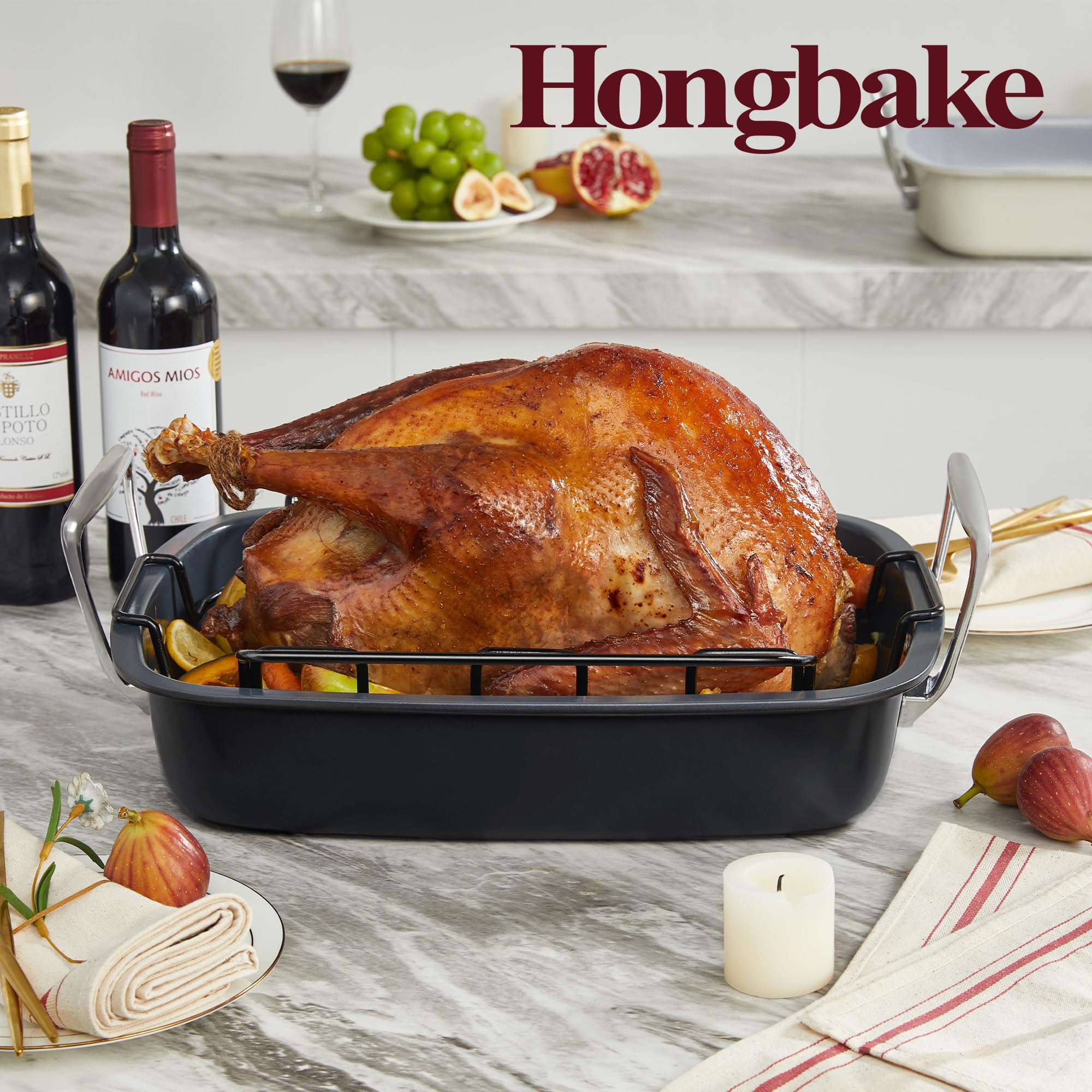 HONGBAKE Ceramic Coated Nonstick Large Turkey Roasting Pan with Rack (U-Shaped), 18.7×13.6 Inch Deep Roaster Pan for 25 lb Turkey & Chicken, Wider Handles, Non Toxic, PFOA & PTFE-Free, Cream & Gray