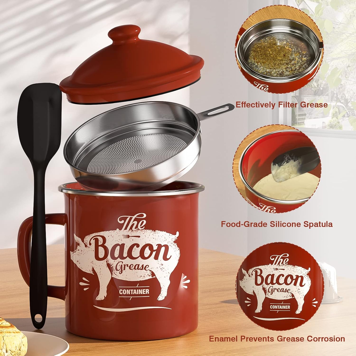 Black Meat Chopper and 46OZ Red Bacon Grease Container
