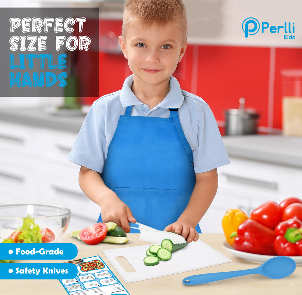 PERLLI Kids Real Cooking Set for Cooking and Baking – 31 Pc. Gift for Junior Chef with Real Utensils, Case & Safe Kids Knife Set for Boys & Girls – Fine Motor Skills & Fun for Children Ages 6+, Orange