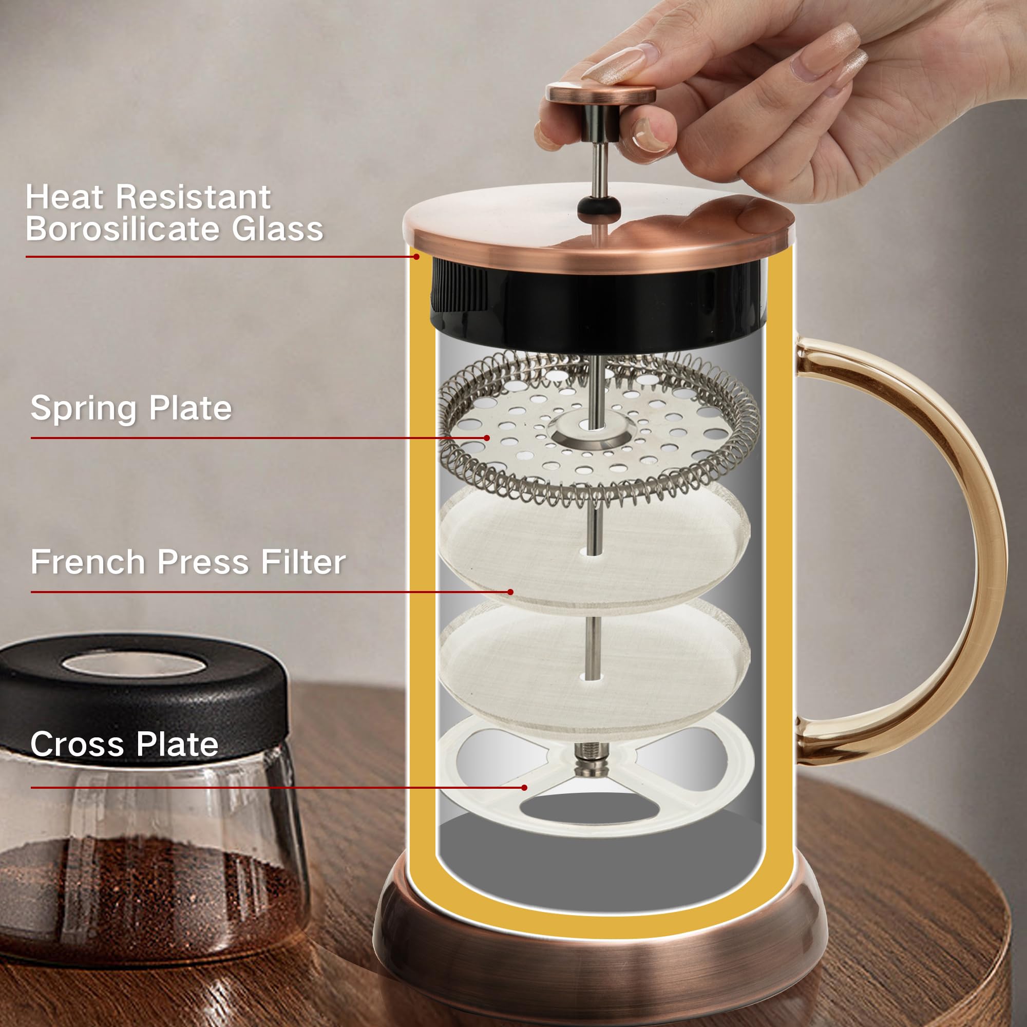 YMMIND French Press Coffee Maker 304 Stainless Steel Coffee Press,with 4 Filters System, Heat Resistant Thickness Borosilicate French Press Glass, BPA-Free Brewed Tea Pot Coffee Plunger(Copper 12oz)