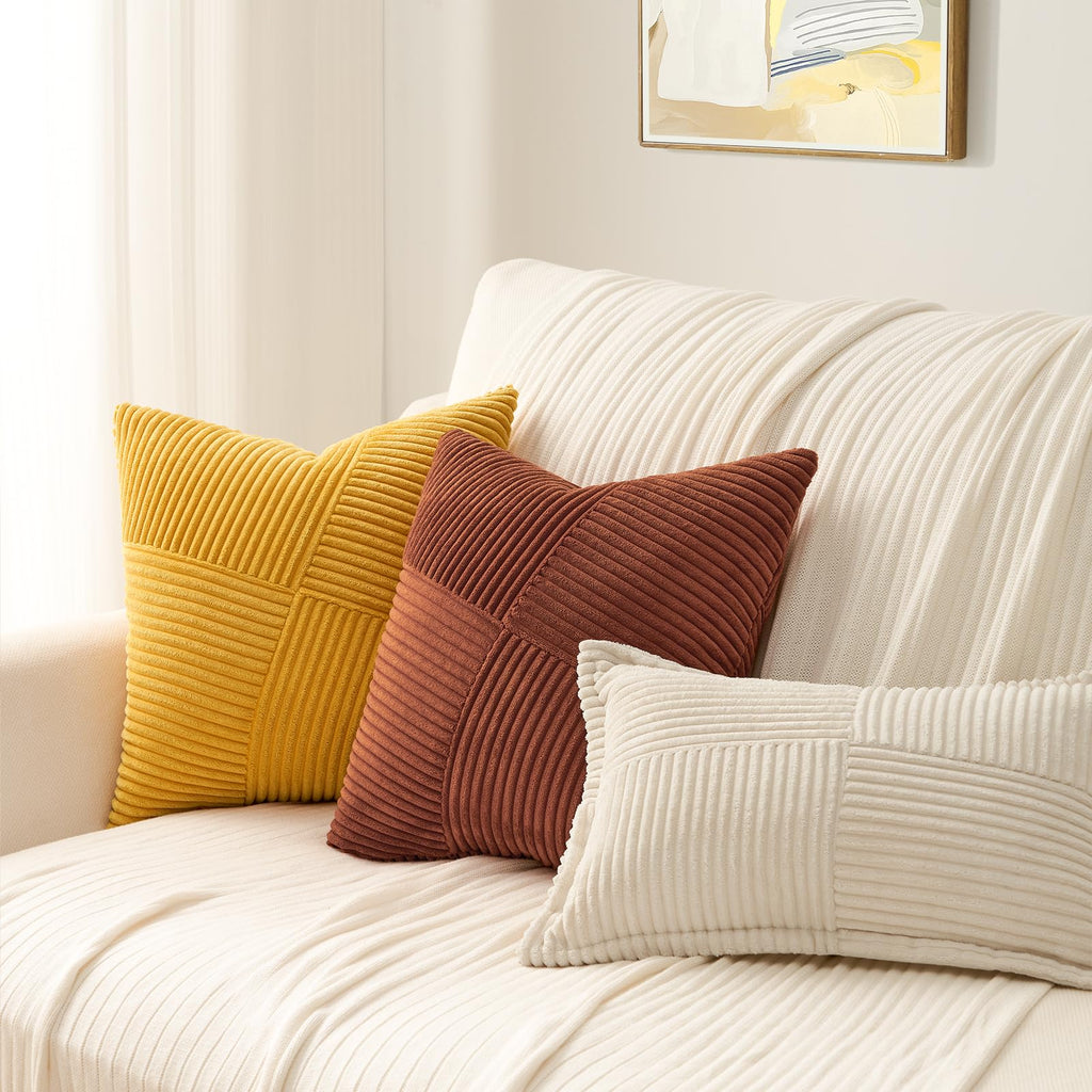 Topfinel Olive Green Decorative Throw Pillow Covers Set of 2 18x18 Inches for Couch Bed Sofa, Boho Aesthetic Home Decor, Soft Corduroy Striped Patchwork Windmill Textured Cushion Cases 45x45 cm
