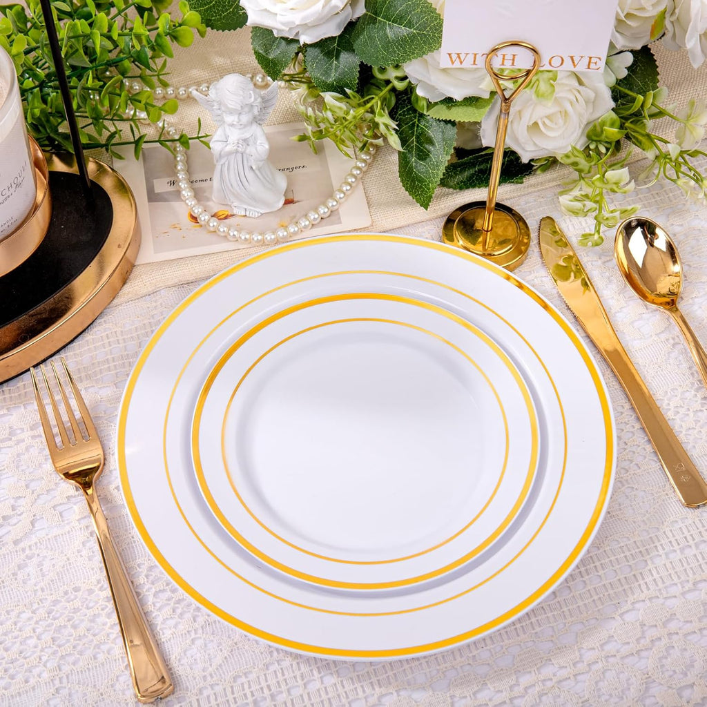 DaYammi 100 Guests Gold Plastic Dinnerware Sets, Includes: 100 Gold Rim Dinner Plates, 100 Salad Plates, 100 Gold Plastic Silverware Set, Perfect for Wedding