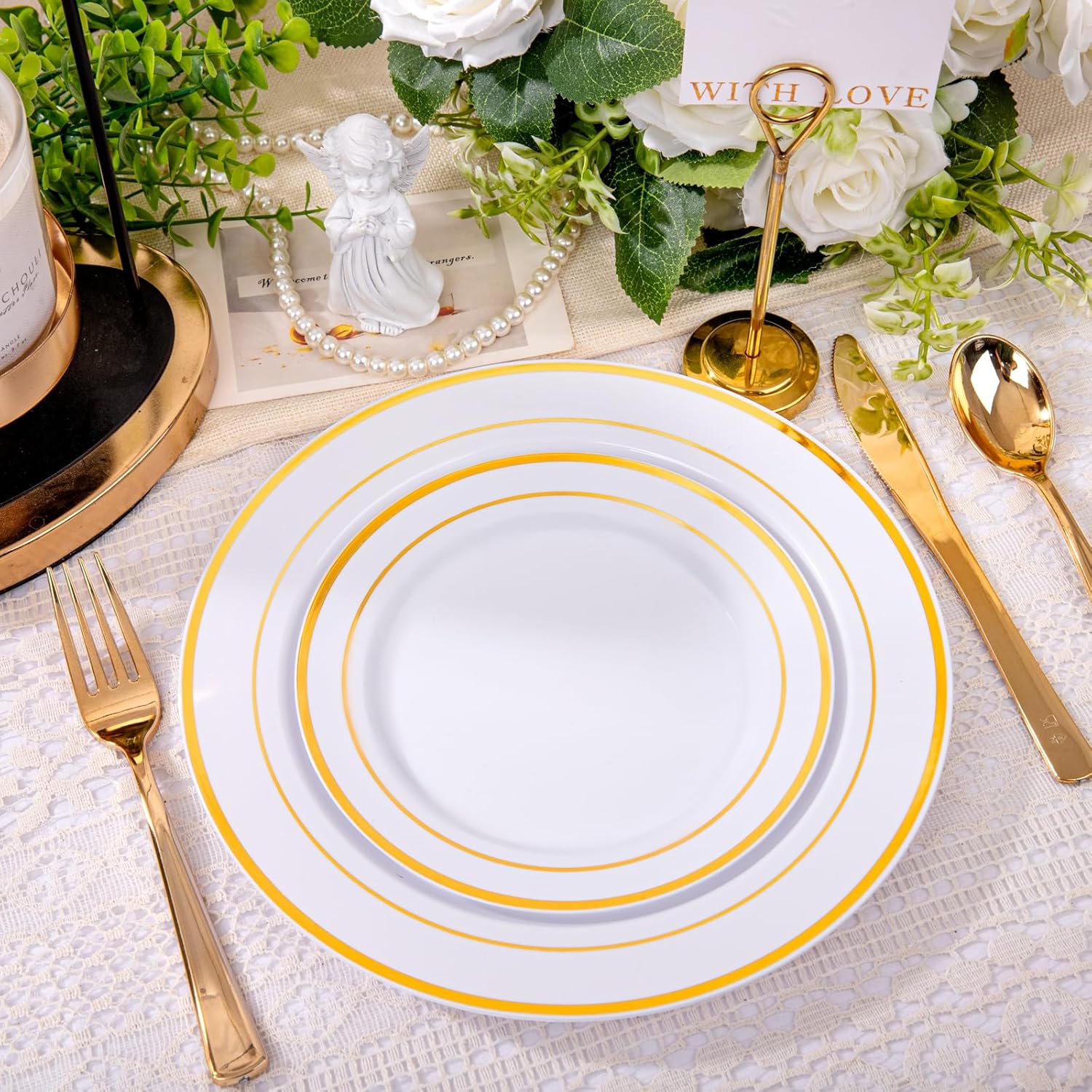 DaYammi 100 Guests Gold Plastic Dinnerware Sets, Includes: 100 Gold Rim Dinner Plates, 100 Salad Plates, 100 Gold Plastic Silverware Set, Perfect for Wedding