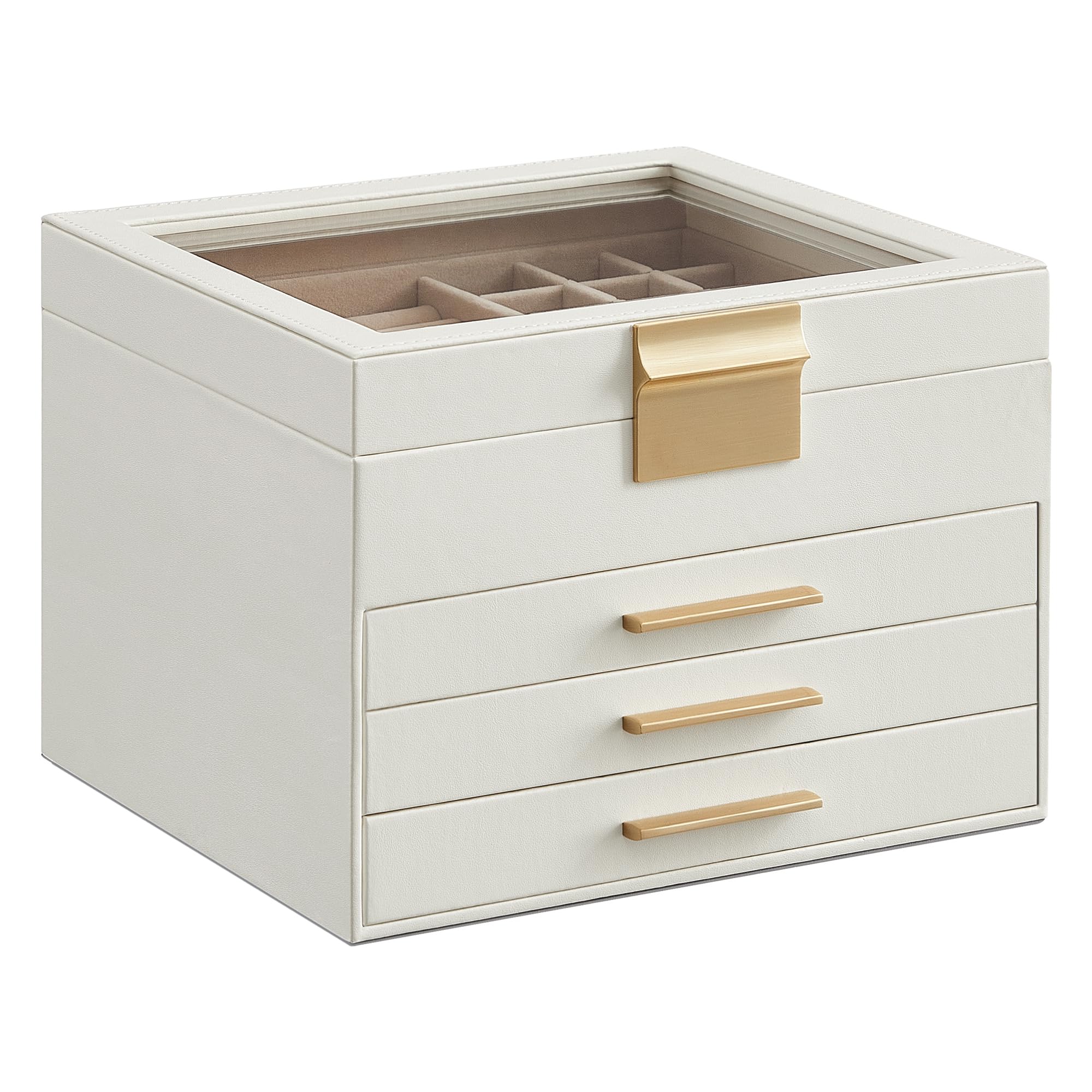 SONGMICS GISELLA Collection - Jewelry Box Organizer, 3-Layer Jewelry Storage with 2 Drawers, Shiny Metal Hardware, Glass Lid, Modern, 8 x 9.1 x 5.3 Inches, Cloud White and Gold Color UJBC239WT
