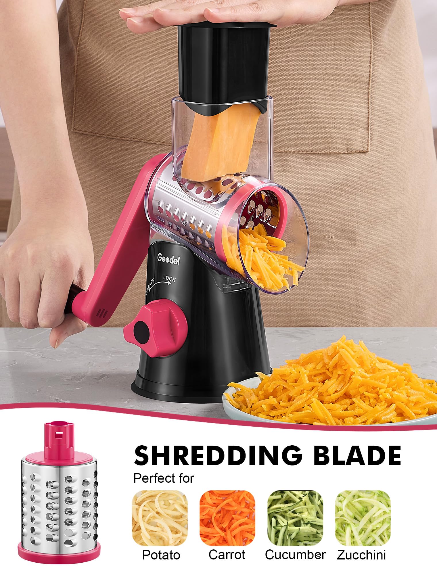 Geedel Rotary Cheese Grater, Kitchen Mandoline Vegetable Slicer with 3 Interchangeable Blades, Easy to Clean Rotary Grater Slicer for Fruit, Vegetables, Nuts