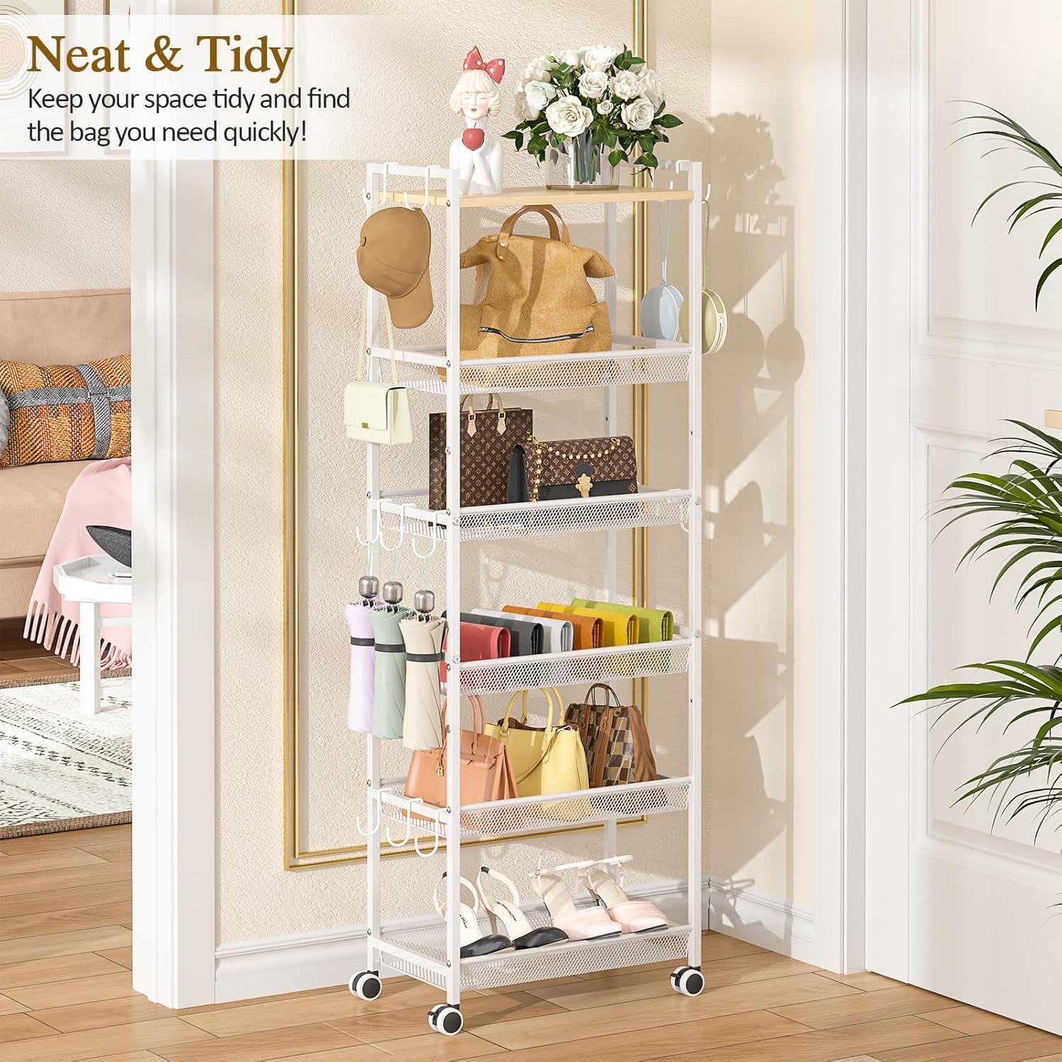 ThreeHio 6-Tier Closet Organizer and Storage Shelf with 12 Hooks, Tall Purse Rack for Closet with Lockable Wheels & Wooden Top, Heavy-Duty Rolling Handbag Stand Rack for Bedroom or Entryway, White