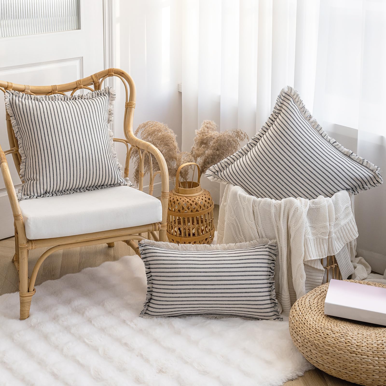 YEENAASY Throw Pillow Covers 20x20 Set of 2 Striped Fringe Pillow Cover Farmhouse Cushion Covers with Tassel Neutral Boho Pillows Decorative Square Pillowcase for Couch Sofa Bed, Black