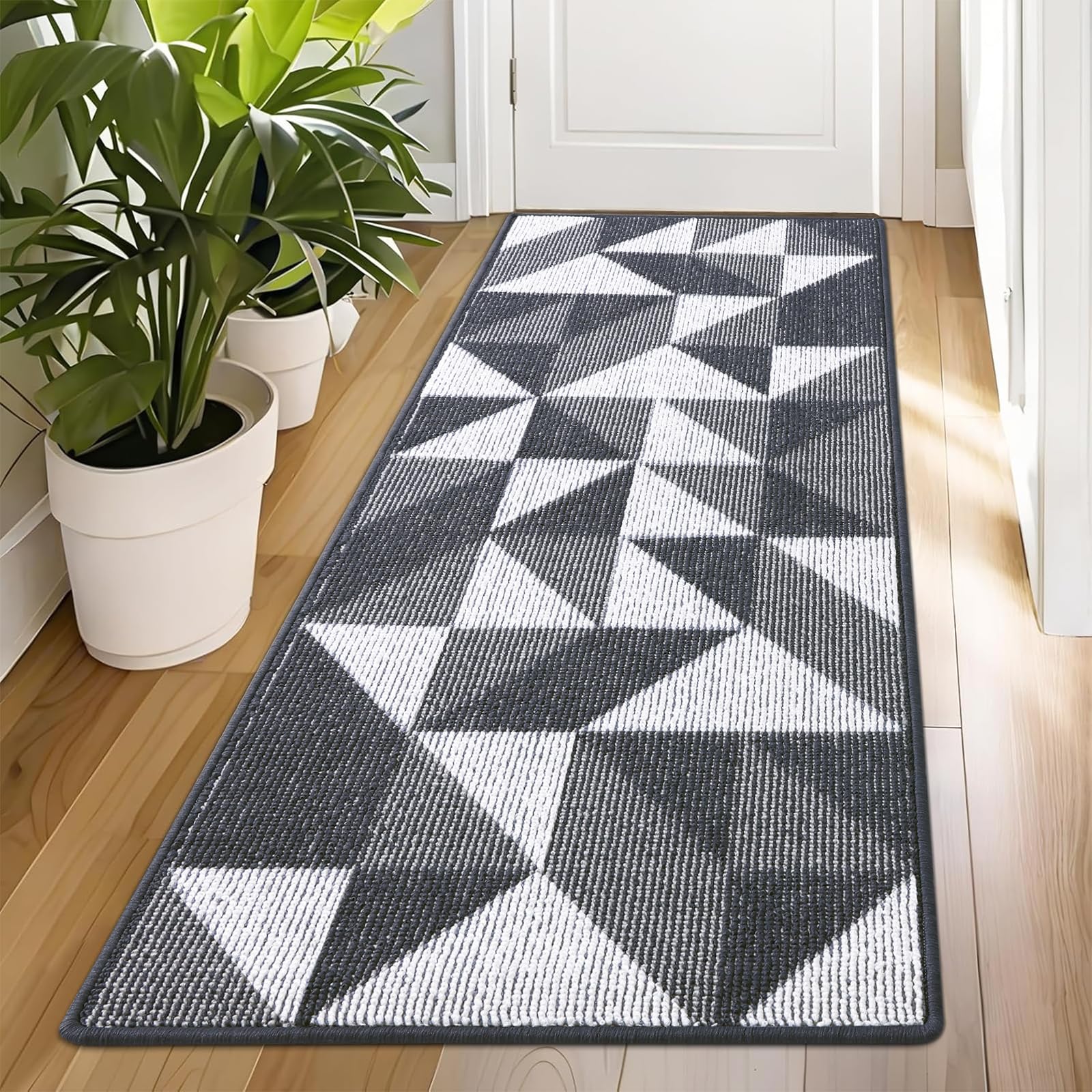 OLANLY Door Mat Indoor Entrance Washable 32x20, Odor-Free Low-Profile Front Back Geometric Doormat, Absorbent Resist Dirt Entry Carpet, Easy to Clean Sturdy Inside Floor Mats for Entryway, Black