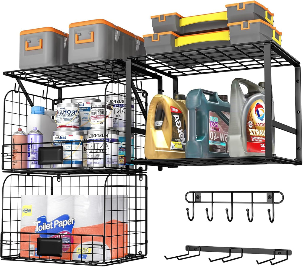 ThreeHio Garage Shelf Wall Mounted with Wire baskets, Heavy Duty Garage Wall Shelving with Garden Tool Rack and Hooks, Wire Shelf Baskets Tool Organizer for Home Garden Yard Organization and Storage