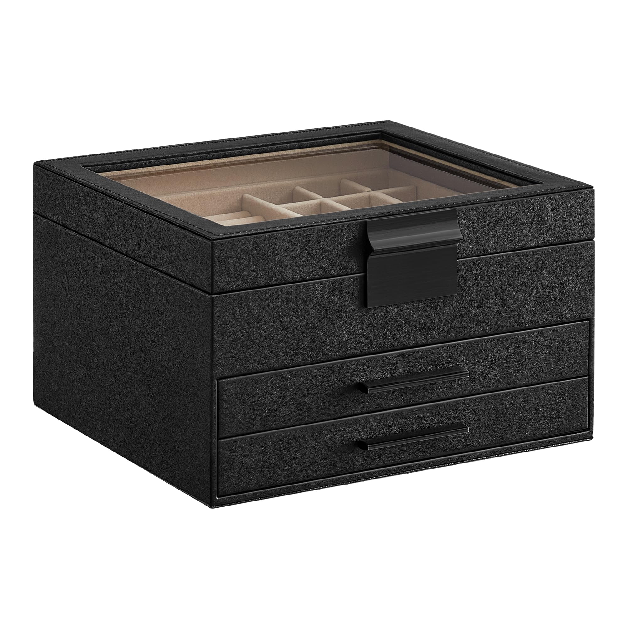 SONGMICS GISELLA Collection - Jewelry Box Organizer, 3-Layer Jewelry Storage with 2 Drawers, Shiny Metal Hardware, Glass Lid, Modern, 8 x 9.1 x 5.3 Inches, Cloud White and Gold Color UJBC239WT