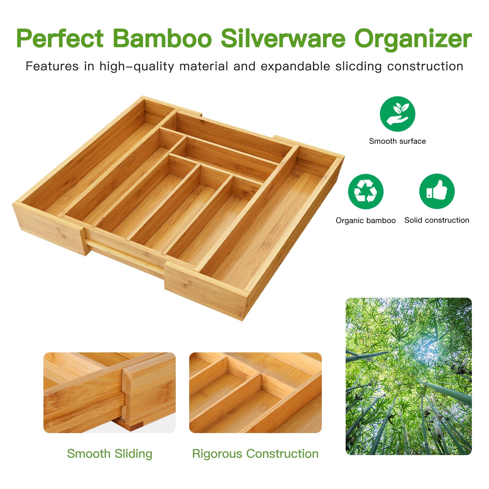 Pipishell Bamboo Expandable Silverware Drawer Organizer, Adjustable Kitchen Utensil Tray for Forks, Spoons and Knives, Wood Storage Cutlery Holder for Bedroom and Living Room