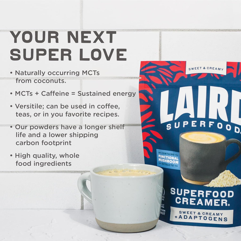 Laird Superfood Non-Dairy Coconut Powder Creamer - Sweet & Creamy + Adaptogens - Superfood Creamer with Functional Mushrooms - Non-GMO, Vegan, 8 oz. Bag, Pack of 1