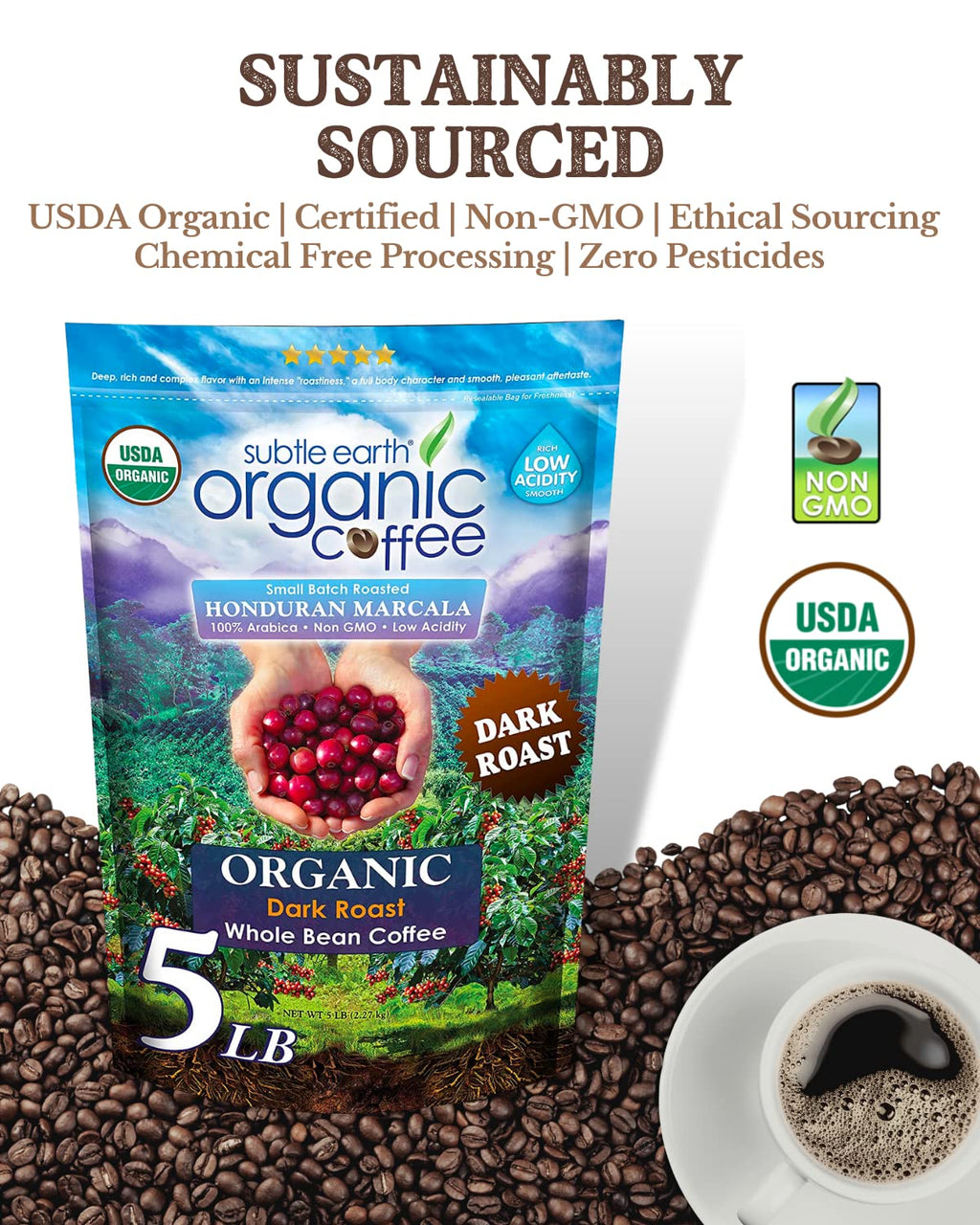 2LB Subtle Earth Organic Coffee - Dark Roast - Whole Bean Coffee - 100% Arabica Beans - Low Acidity and Non-GMO - 2lb bag