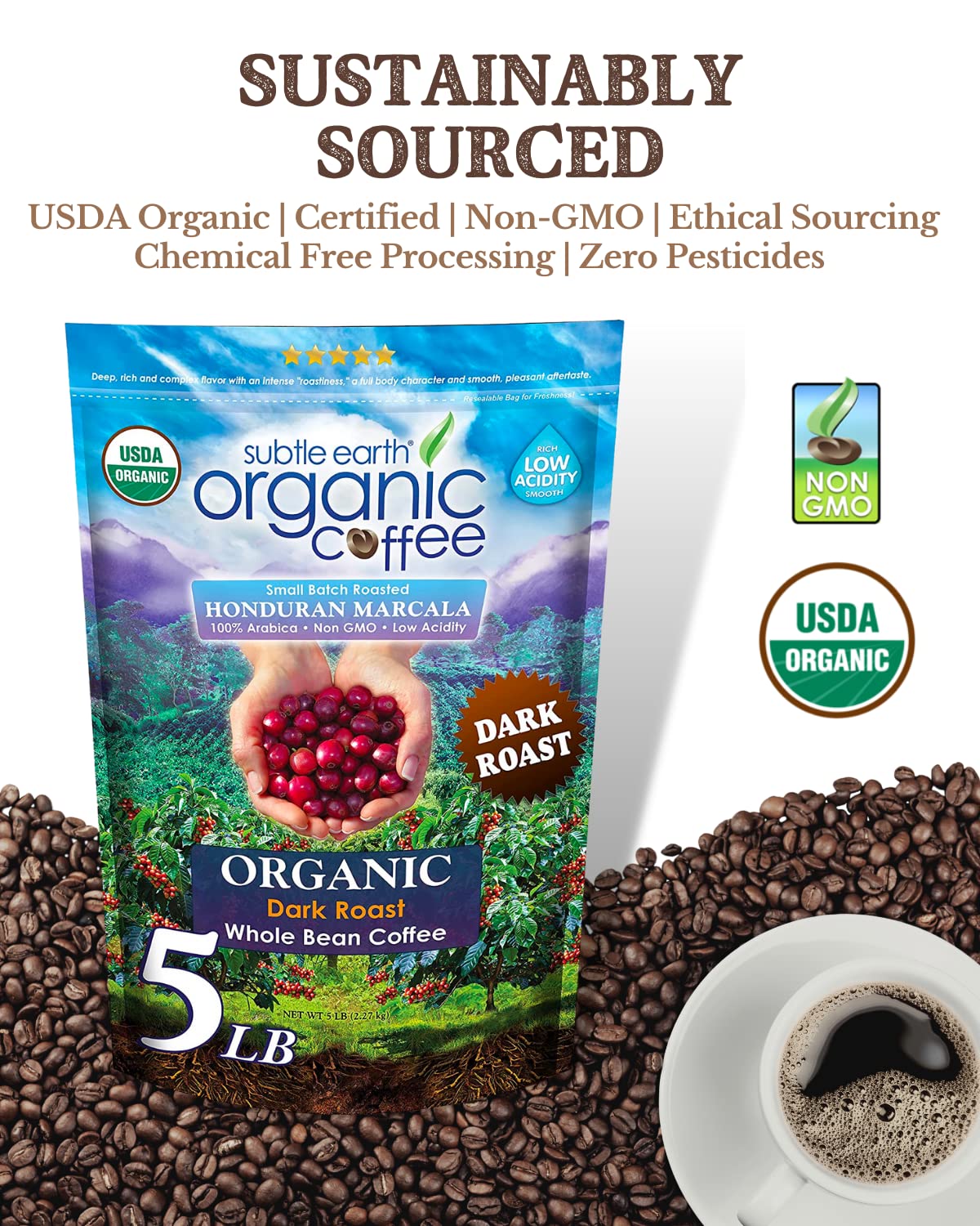 2LB Subtle Earth Organic Coffee - Dark Roast - Whole Bean Coffee - 100% Arabica Beans - Low Acidity and Non-GMO - 2lb bag