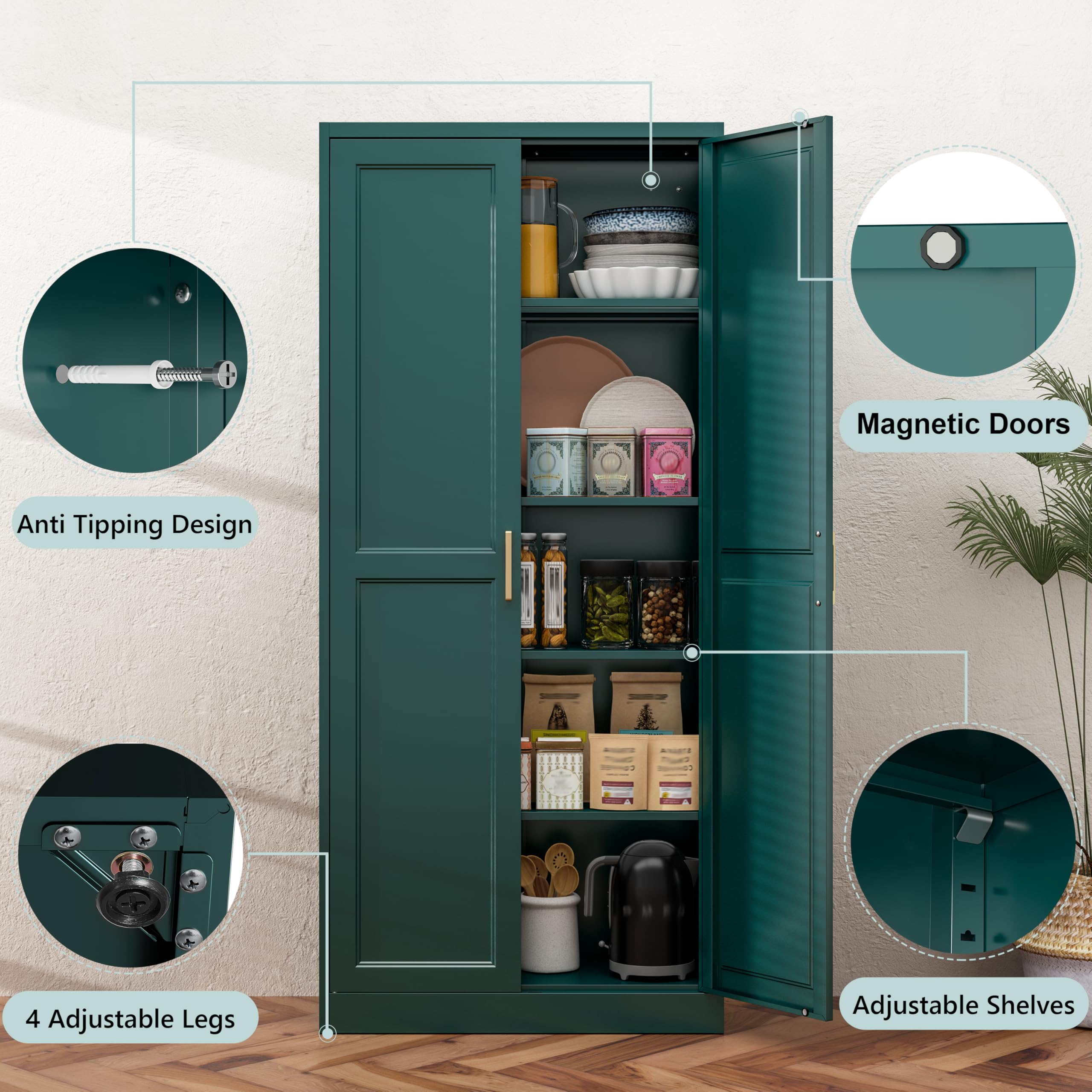 75" Tall Metal Kitchen Storage Cabinet,White Kitchen Pantry Storage Cabinet with Doors and 4 Adjustable Shelves,Utility Cabinet for Living Room,Garage,Dining Room and Office,Assemble Required