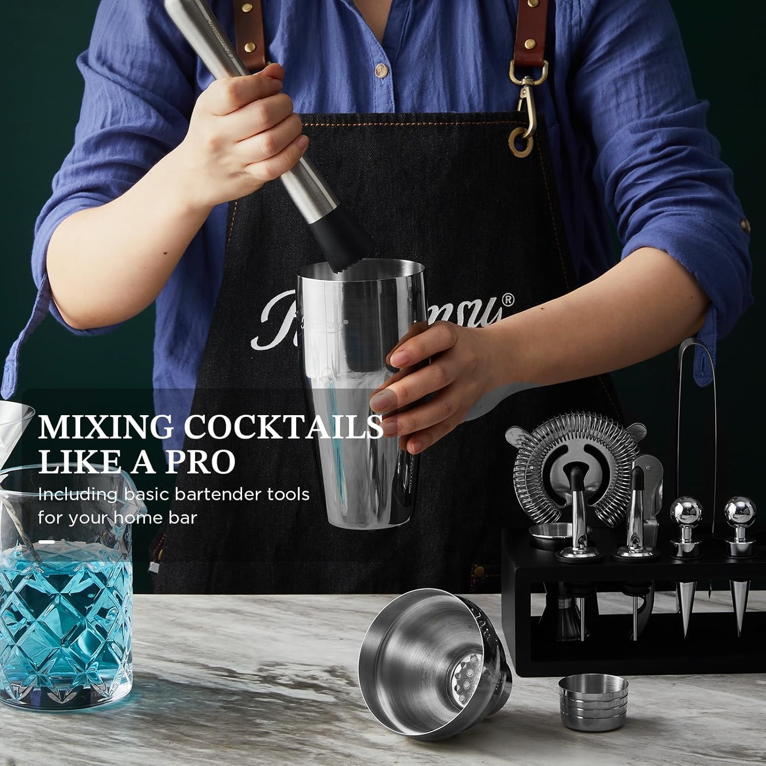 KITESSENSU Cocktail Shaker Set with Stand | Mixology Bartender Kit Bar Set with Essential Bar Accessories for Home Bar: Martini Shaker, Jigger, Muddler, Bar Spoon | Drink Mixer Cocktail Kit