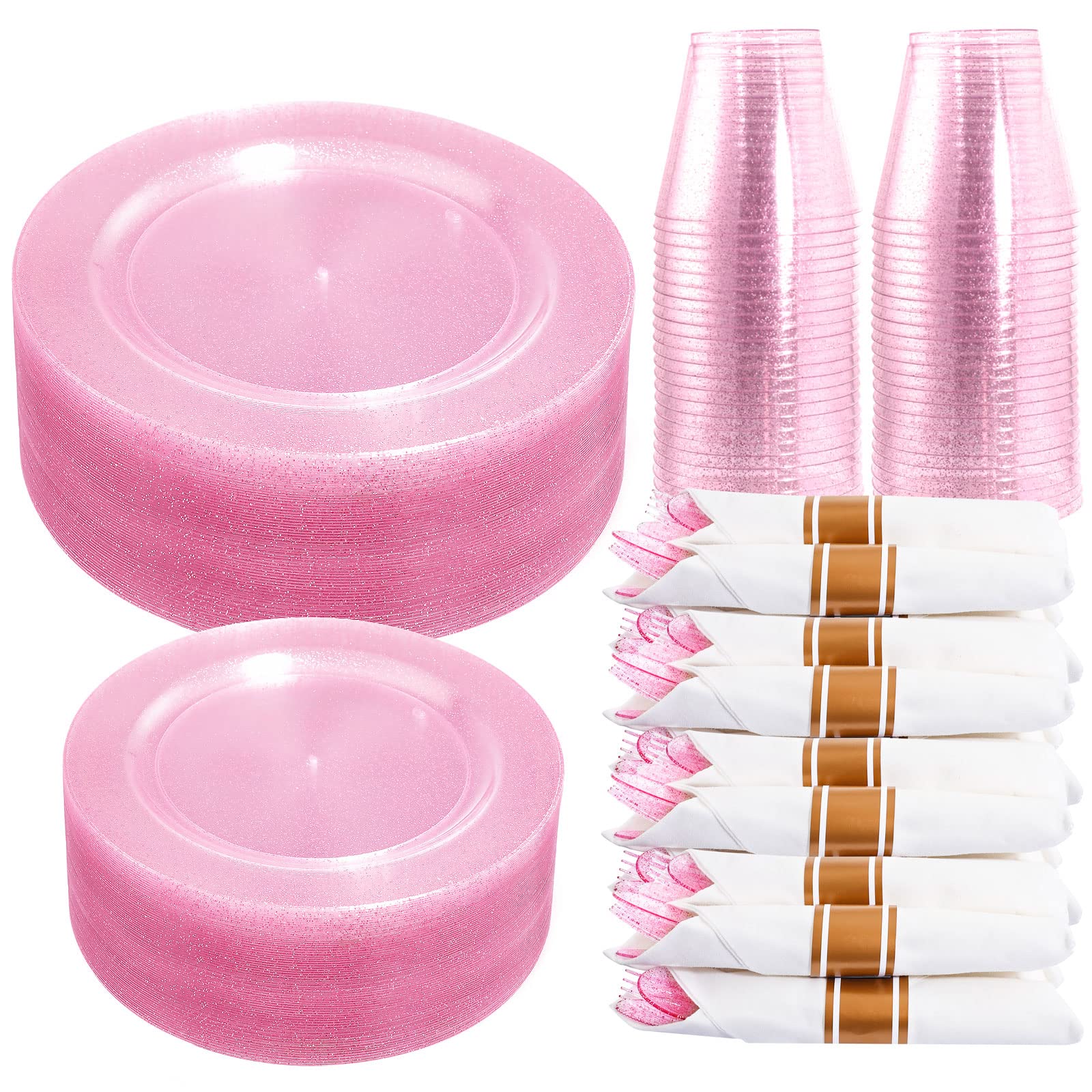DaYammi 350PCS Gold Plastic Dinnerware Set for 50 Guests, Fancy Disposable Plates for Party, Include: 50 Dinner Plates, 50 Dessert Plates, 50 Pre Rolled Napkins with Gold Silverware, 50 Cups