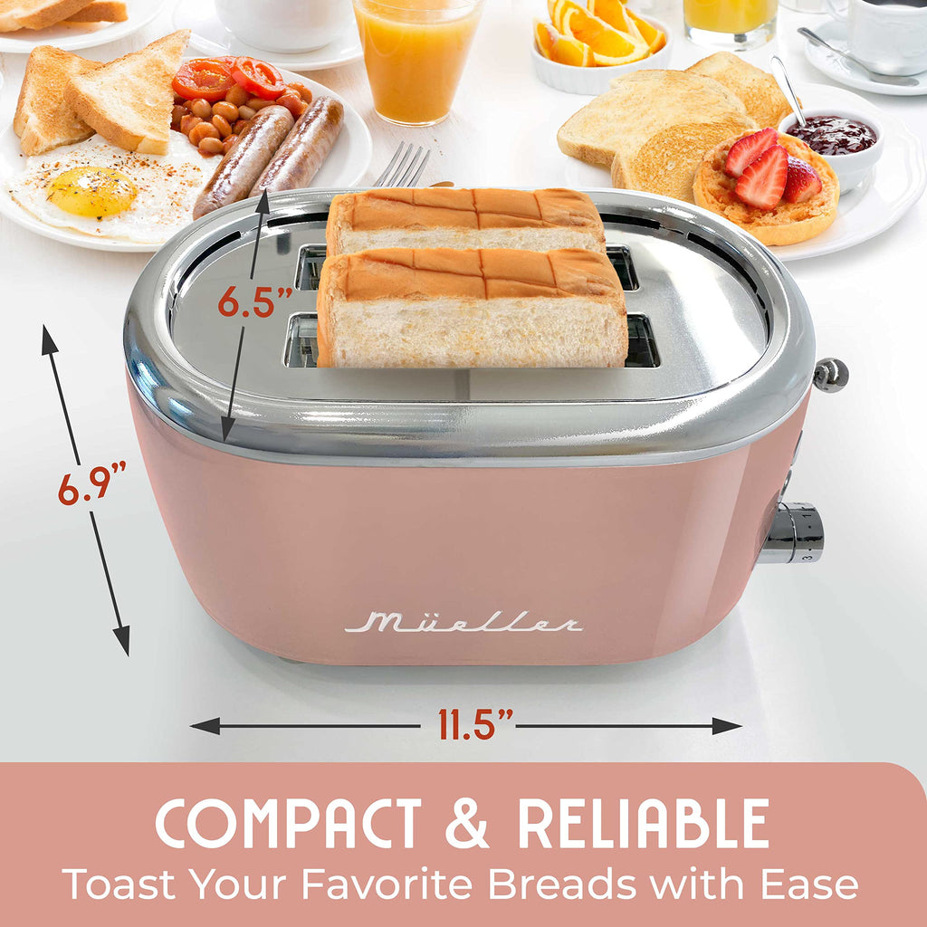 MUELLER HOME Retro Toaster 2 Slice, 7 Browning Levels, 3 Functions (Reheat, Defrost, Cancel), Stainless Steel Features, Removable Crumb Tray, Under Base Cord Storage, Turquoise