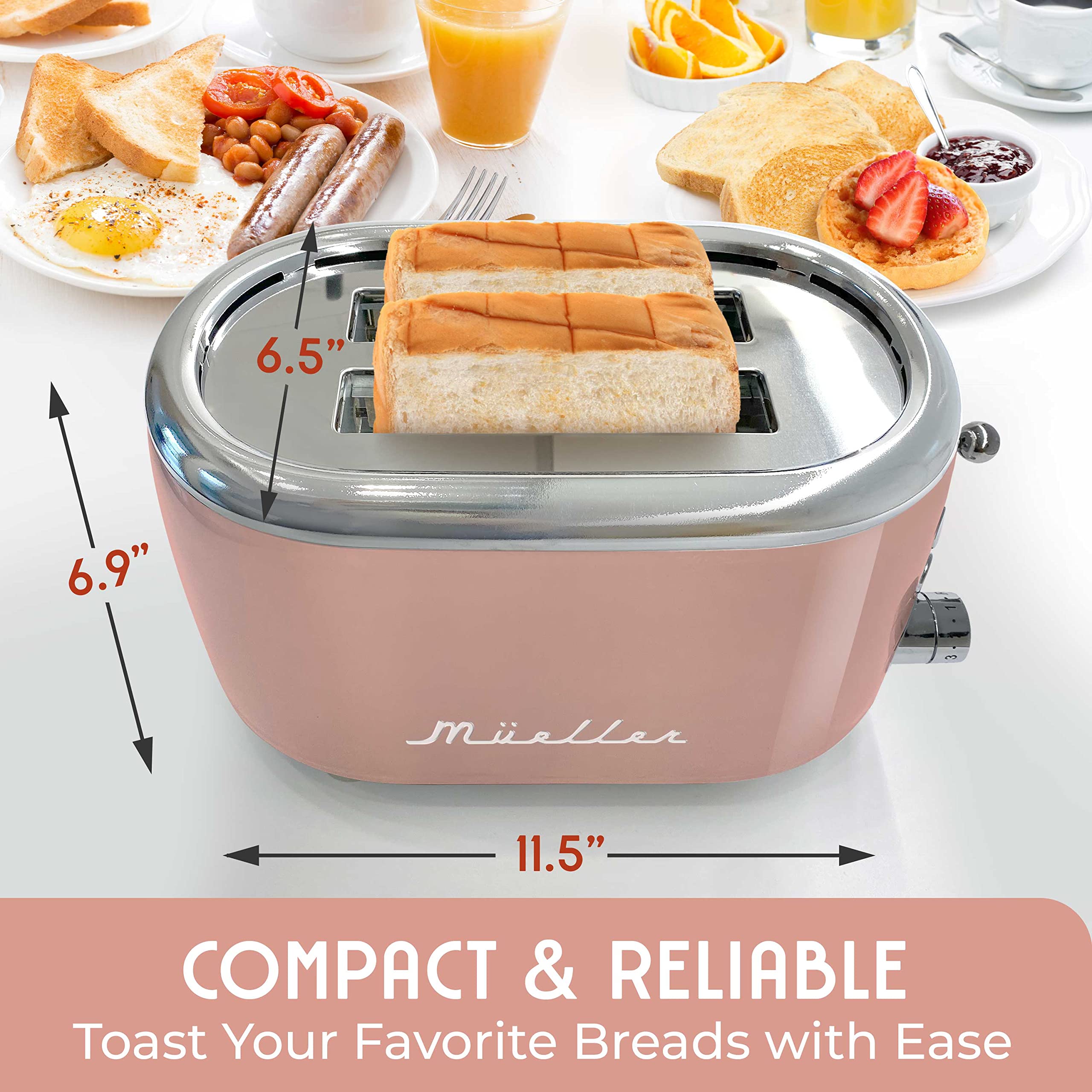 MUELLER HOME Retro Toaster 2 Slice, 7 Browning Levels, 3 Functions (Reheat, Defrost, Cancel), Stainless Steel Features, Removable Crumb Tray, Under Base Cord Storage, Turquoise