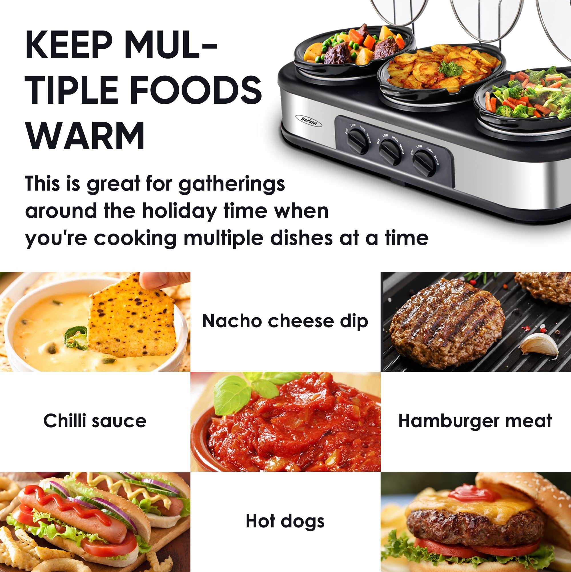 SUNVIVI Triple Slow Cooker, Buffet Food Warmer with 3 x 1.5 QT Removable Ceramic Pots, Buffet Servers and Warmers with Glass Lids and 3 Spoons, Stainless Steel, Blue