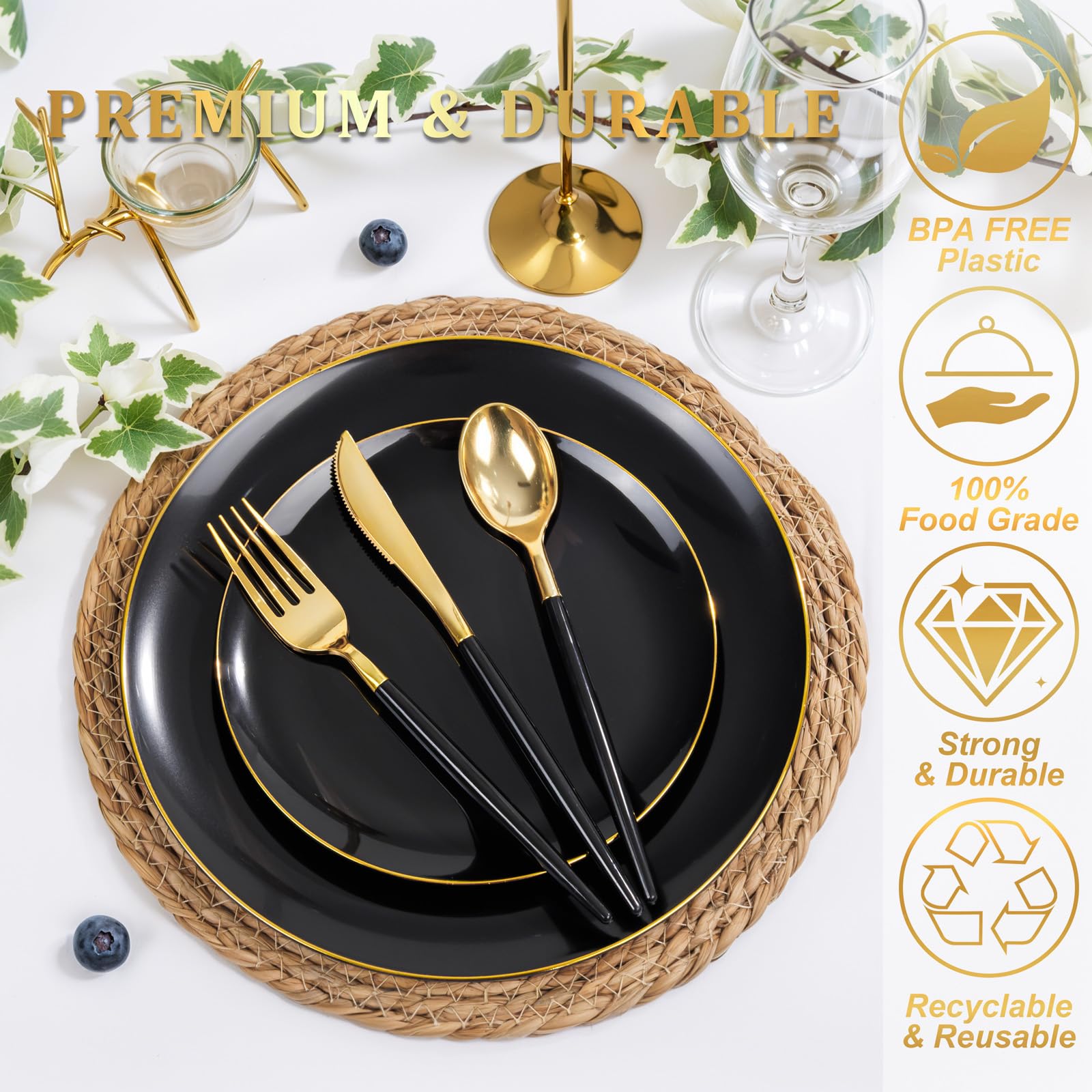DaYammi 150Pcs Gold Plastic Plates with Disposable Silverware,White Gold Disposable Dinnerware Set - 30 Dinner Plate,30 Dessert Plate,90 Gold Cutlery with White Handles,Fancy Plates for Party Wedding