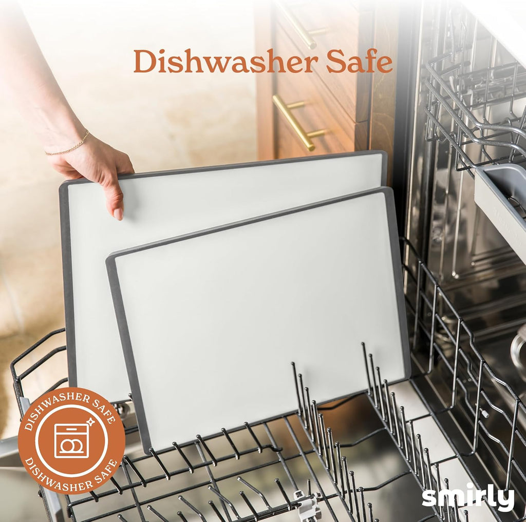 SMIRLY Plastic Cutting Board Set 3 Pieces, Non-Slip Dishwasher Safe Chopping Boards for Kitchen, Grey & White