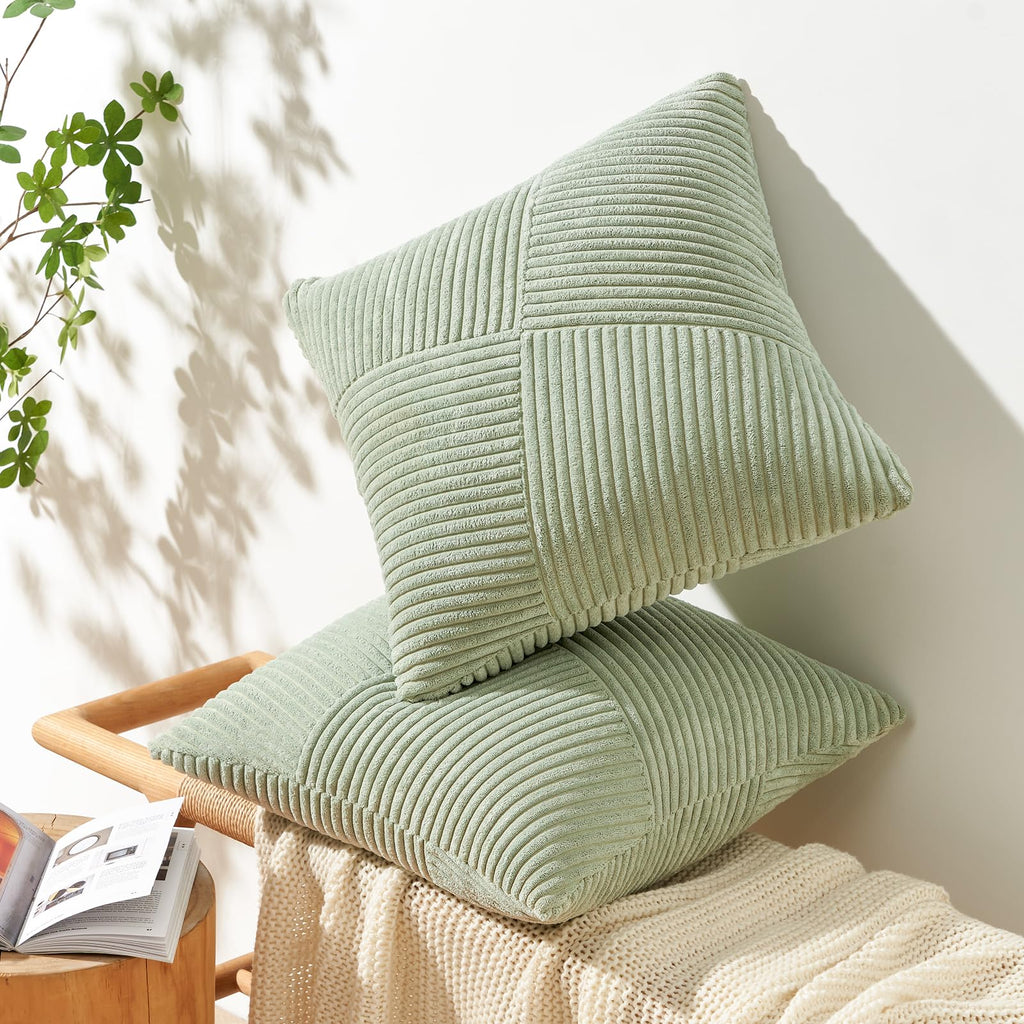 Topfinel Olive Green Decorative Throw Pillow Covers Set of 2 18x18 Inches for Couch Bed Sofa, Boho Aesthetic Home Decor, Soft Corduroy Striped Patchwork Windmill Textured Cushion Cases 45x45 cm