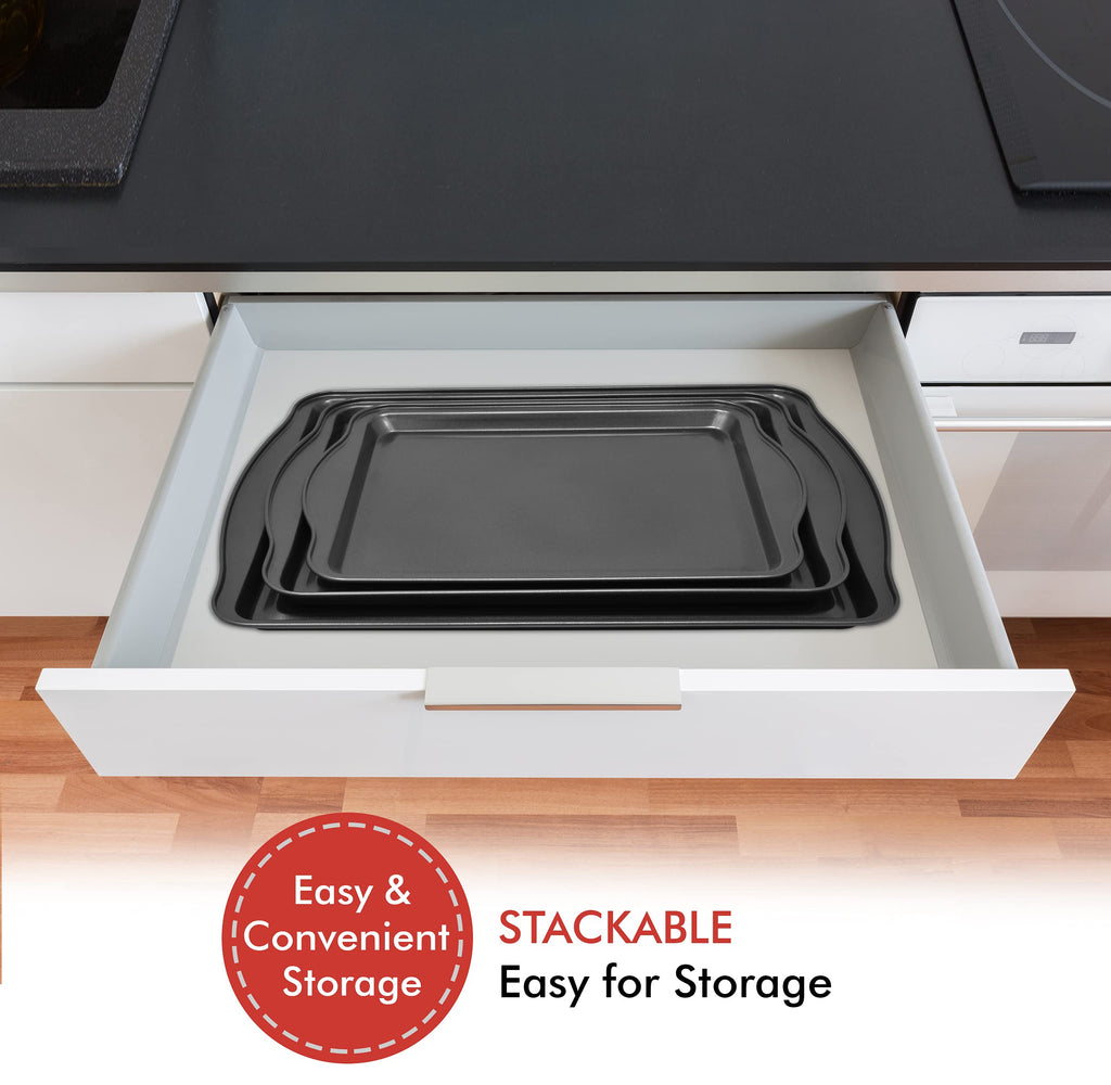 Perlli Cookie Sheets for Baking Non Stick Oven Pan Tray Baking Sheet 3-Piece Set (Small, Medium & Large) Carbon Steel BPA Free Cooking and Baking Trays for Cakes and Cookies