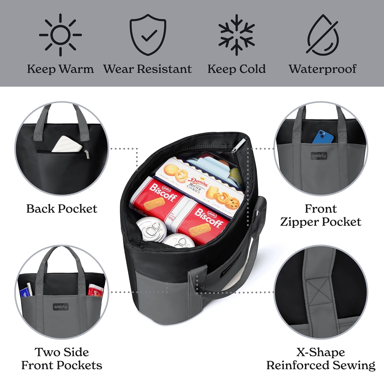 SMIRLY Large Insulated Cooler Bag, Thermal Insulated Grocery Bags, Collapsible Cooler Tote for Travel,Beach or Picnic