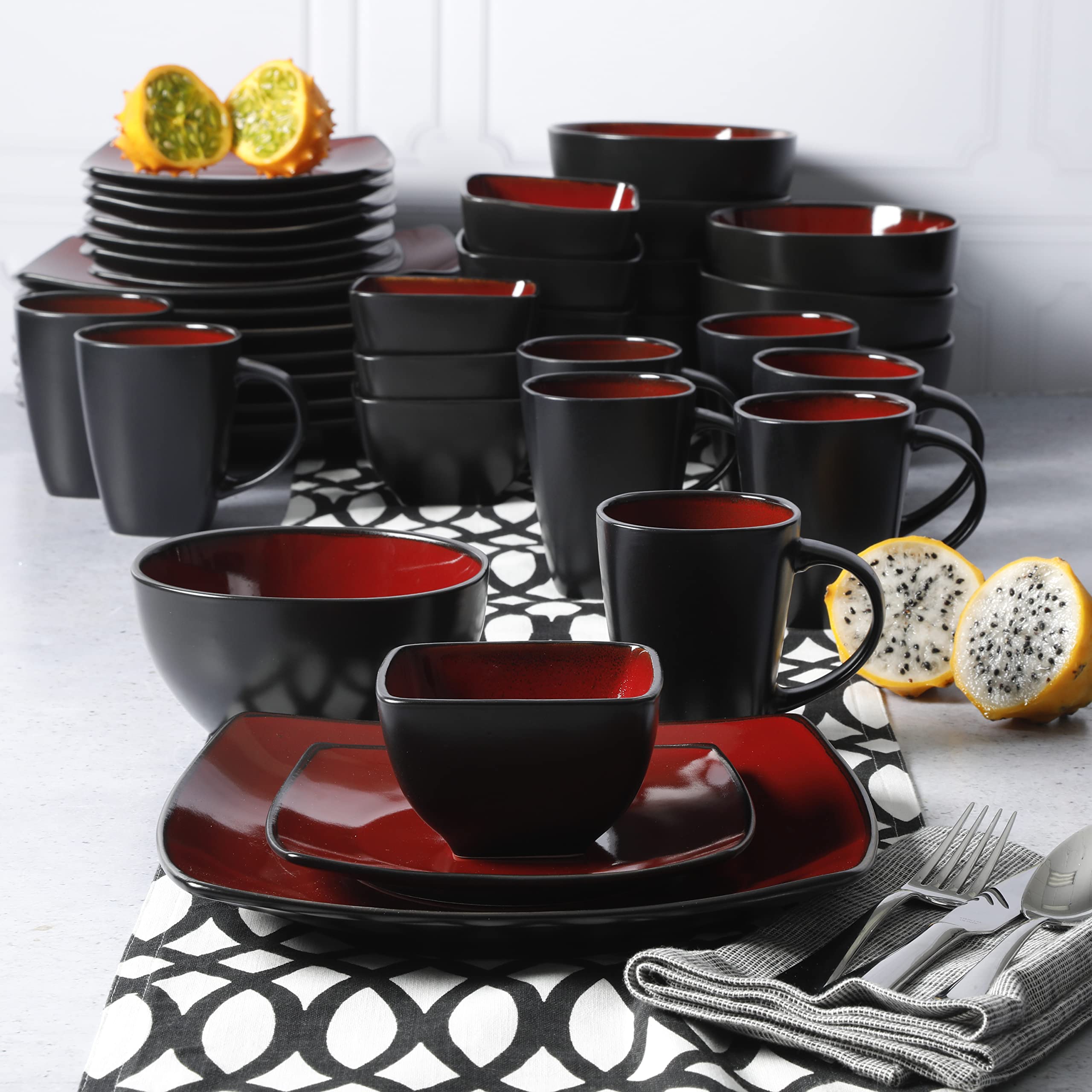 Gibson Elite Soho Lounge Square 16-Piece Dinnerware Set, Service for 4, Reactive Glaze Stoneware Plates and Bowls, Modern Dishes, Microwave & Dishwasher Safe – Red and Black