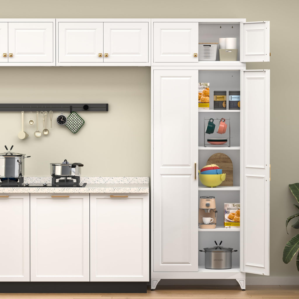 75" Tall Metal Kitchen Storage Cabinet,White Kitchen Pantry Storage Cabinet with Doors and 4 Adjustable Shelves,Utility Cabinet for Living Room,Garage,Dining Room and Office,Assemble Required