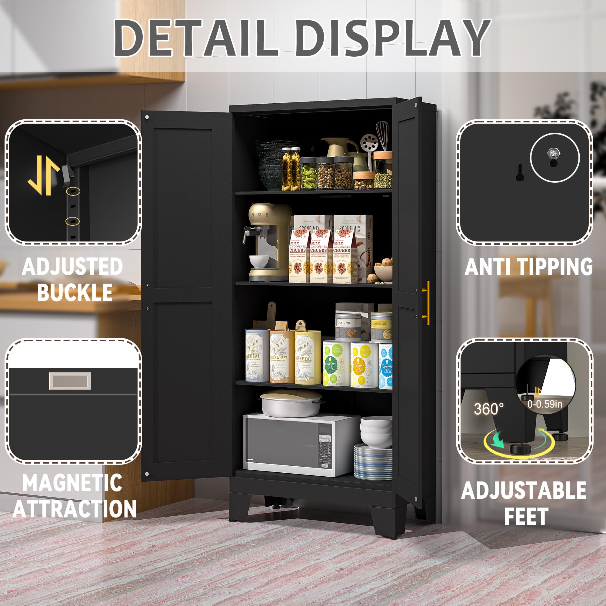 GAIOUS Metal Pantry Cabinet, Kitchen Pantry Storage Cabinets with 2 Door and 3 Adjustable Shelves, White Kitchen Pantry Cabinet, Freestanding Cupboard for Dining Room Living Room Bathroom